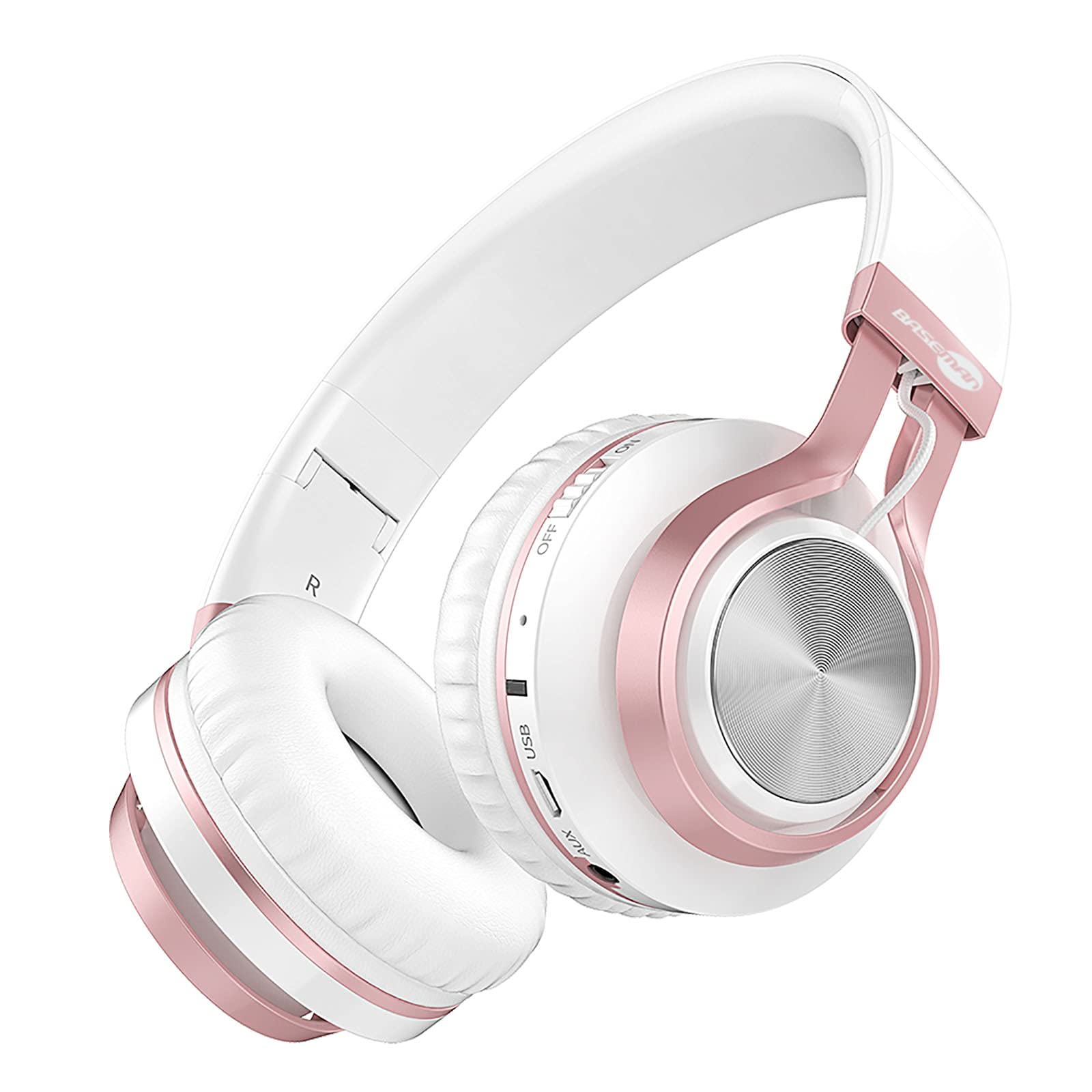 BASEMAN Wireless Over Ear Headphones with Microphone - 50H Playtime, Deep Bass Bluetooth Headphones for iPhone, Computer, Gaming, Travel - Comfortable Noise Cancelling Headset for Women, Teens (White Rose Gold) - Perfect for School, Commuting & Work from Home