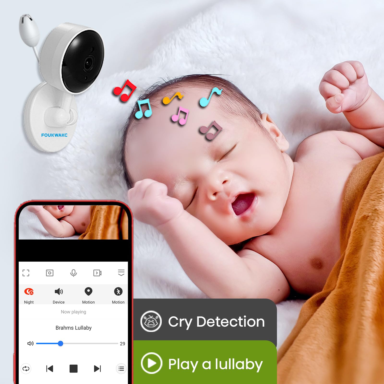 2K WiFi Baby Monitor with Camera & Audio - Indoor Video Baby Camera with Mount, Motion & Cry Detection, Temp/Humidity Sensor, Night Vision, 2-Way Talk, 4 Lullabies & App Control - Perfect for Nursery, Daycare & Home Security Monitoring