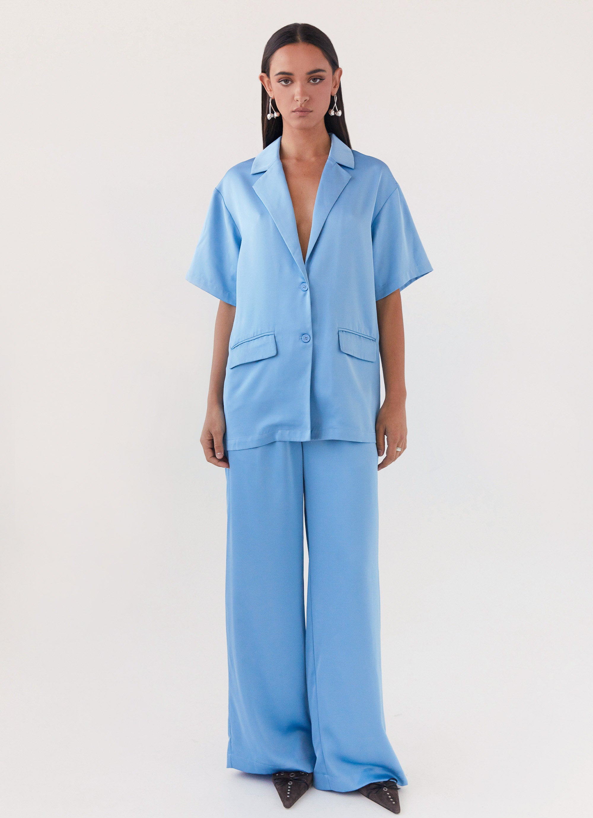 Premium Brinkley Satin Pants for Women - Soft & Comfortable High Waisted Lounge Pants in Elegant Blue | Perfect for Yoga, Sleepwear & Casual Wear