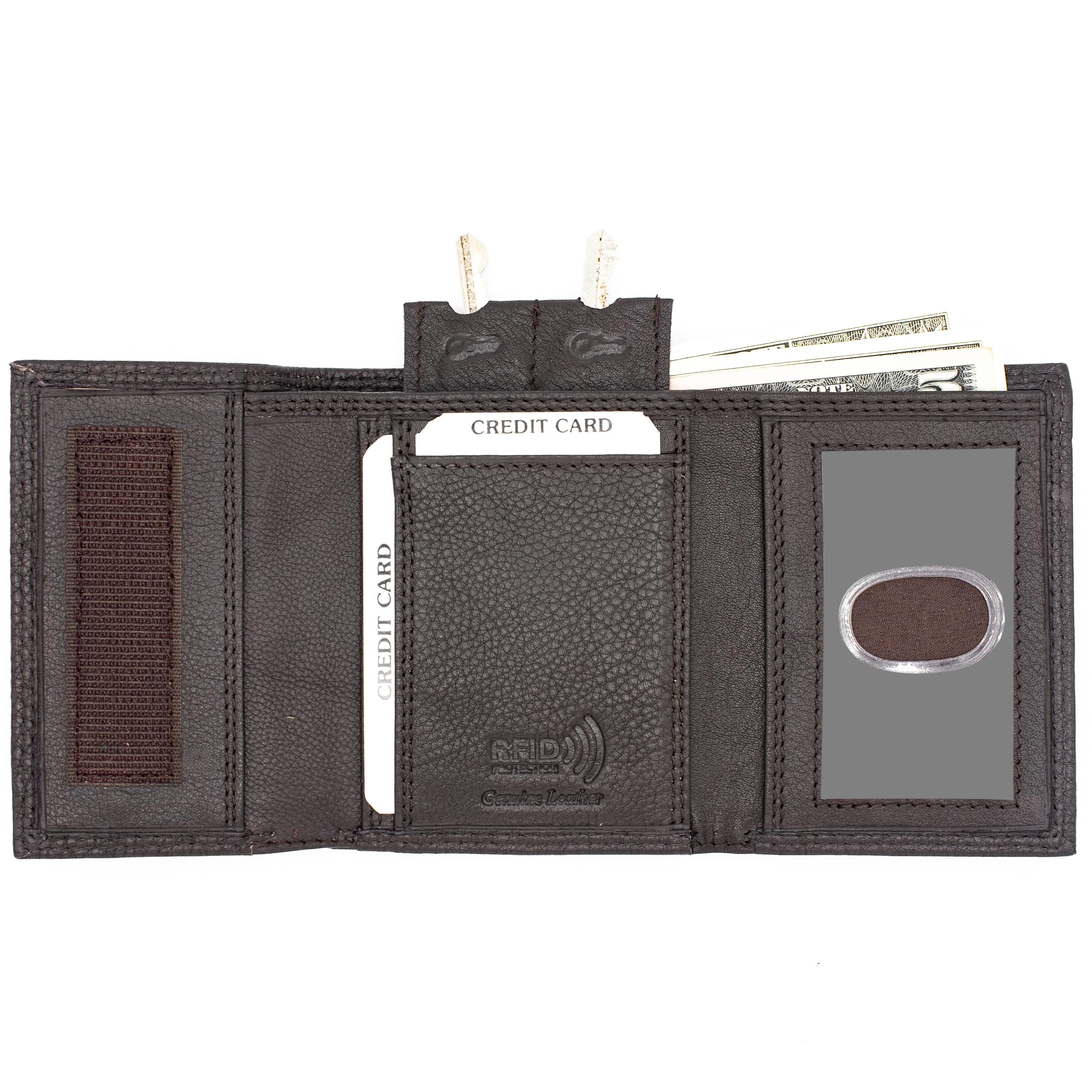Men's RFID Blocking Trifold Leather Wallet with Key Holder & Velcro Closure - Premium Genuine Leather Card Case (Brown, Made in India) - Perfect for Everyday Use, Travel & Gift Giving