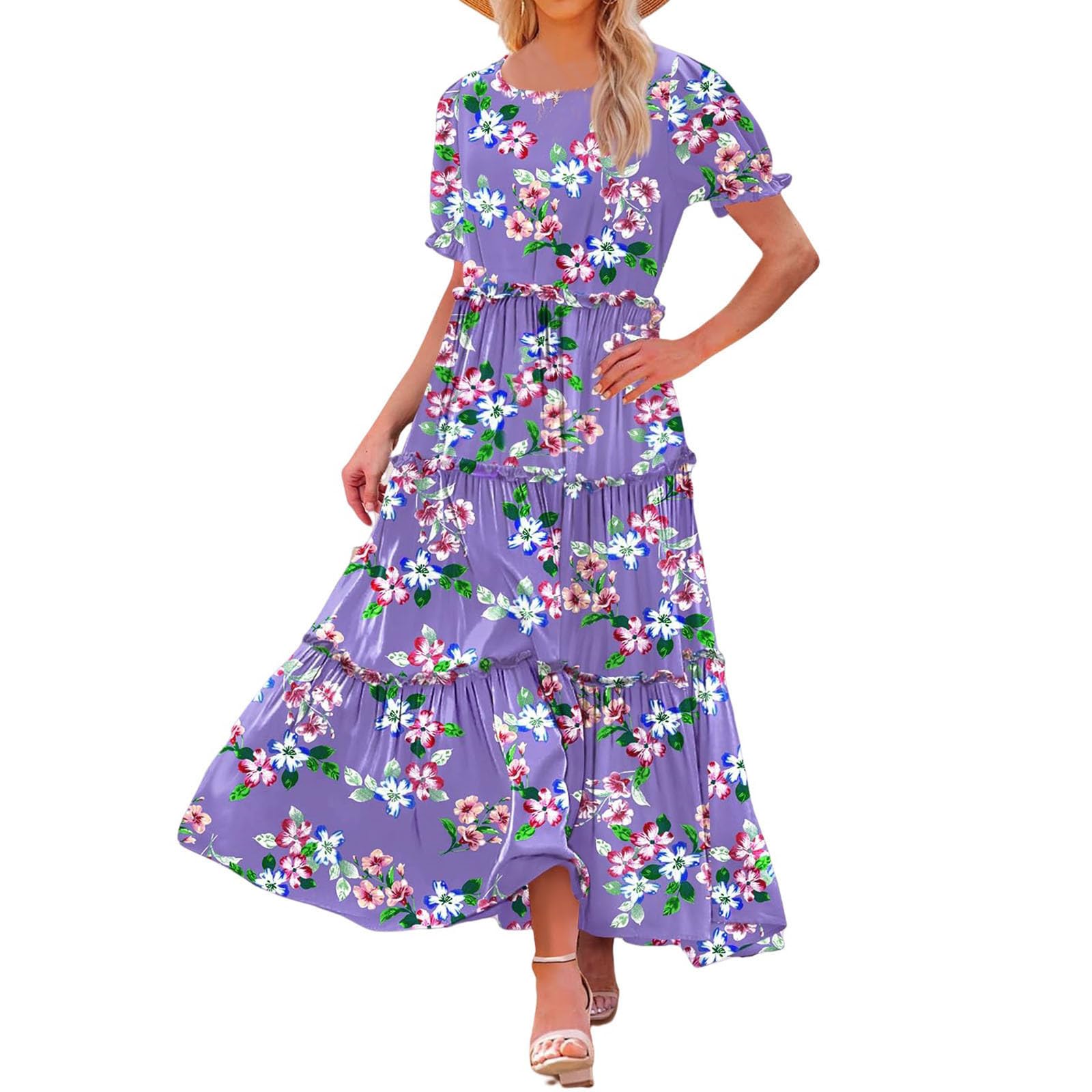 Boho Floral Maxi Dress for Women 2024 - Loose Fit Crewneck Summer Dress with Ruffles & Graphic Print | Perfect for Beach Vacations, Outdoor Parties & Casual Summer Wear