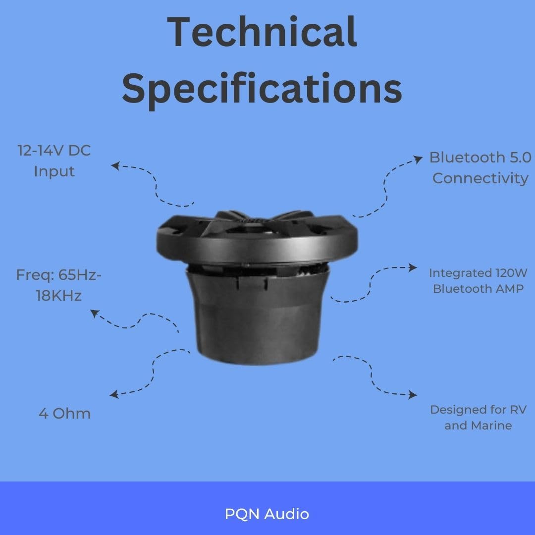 PQN Audio RV652BTWLD 6.5英寸同轴蓝牙音箱 - 车载和船用防水扬声器，集成放大器，LED灯，白色（2只装）适合户外派对和露营