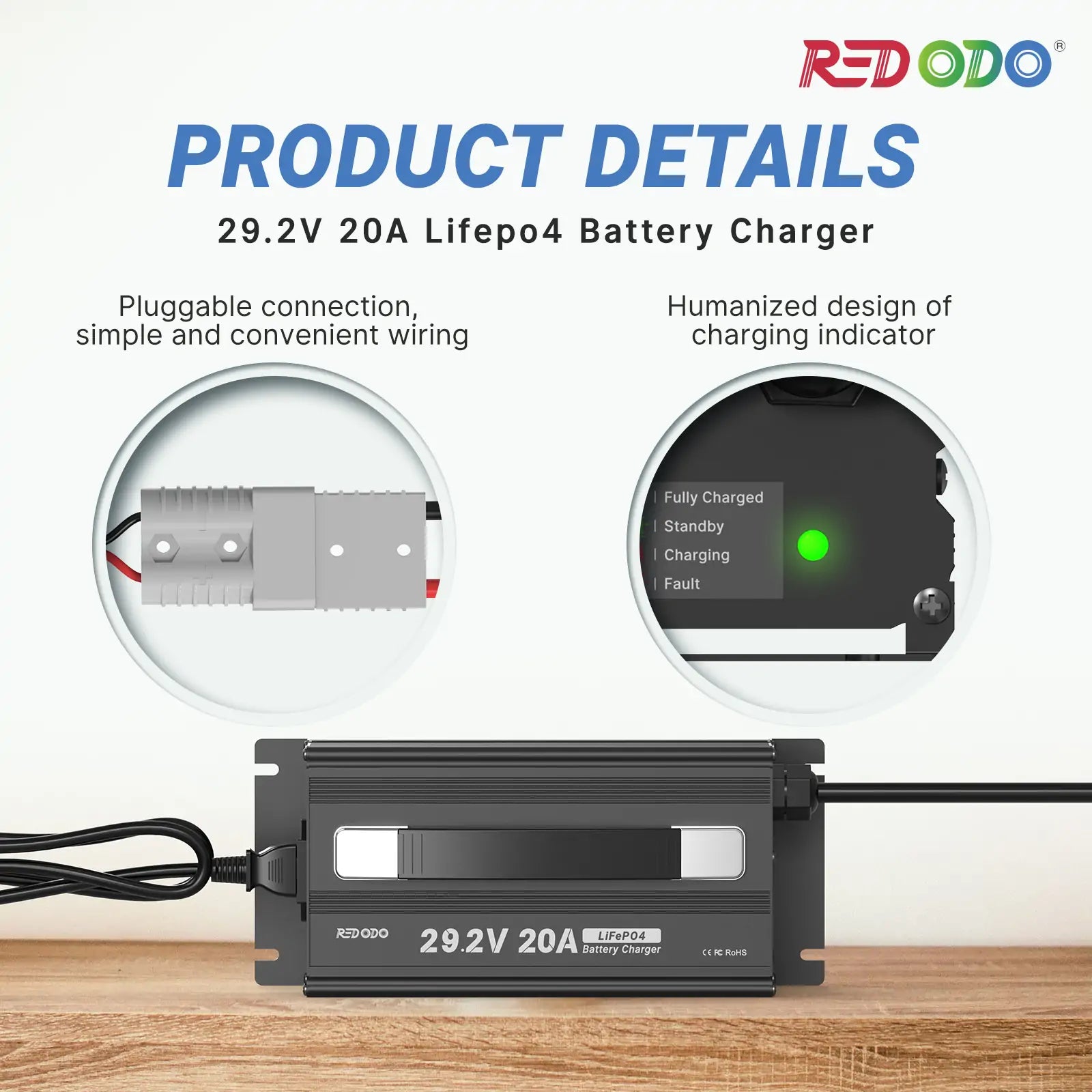 Redodo 29.2V 20A LiFePO4 Battery Charger for Golf Carts, Electric Bikes, and Solar Power Systems - Fast Charging & Durable Lithium Iron Phosphate Battery Charger