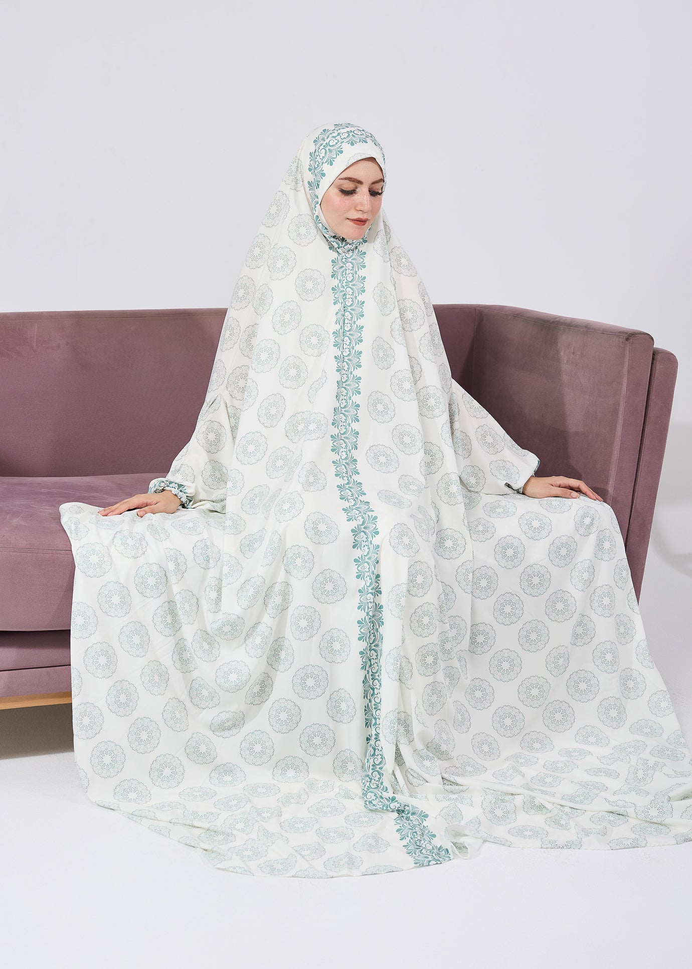 Elegant Floral Satin Prayer Gown for Women - Long Sleeve Extended Coverage Islamic Dress - Perfect for Salah, Eid, Ramadan & Special Occasions