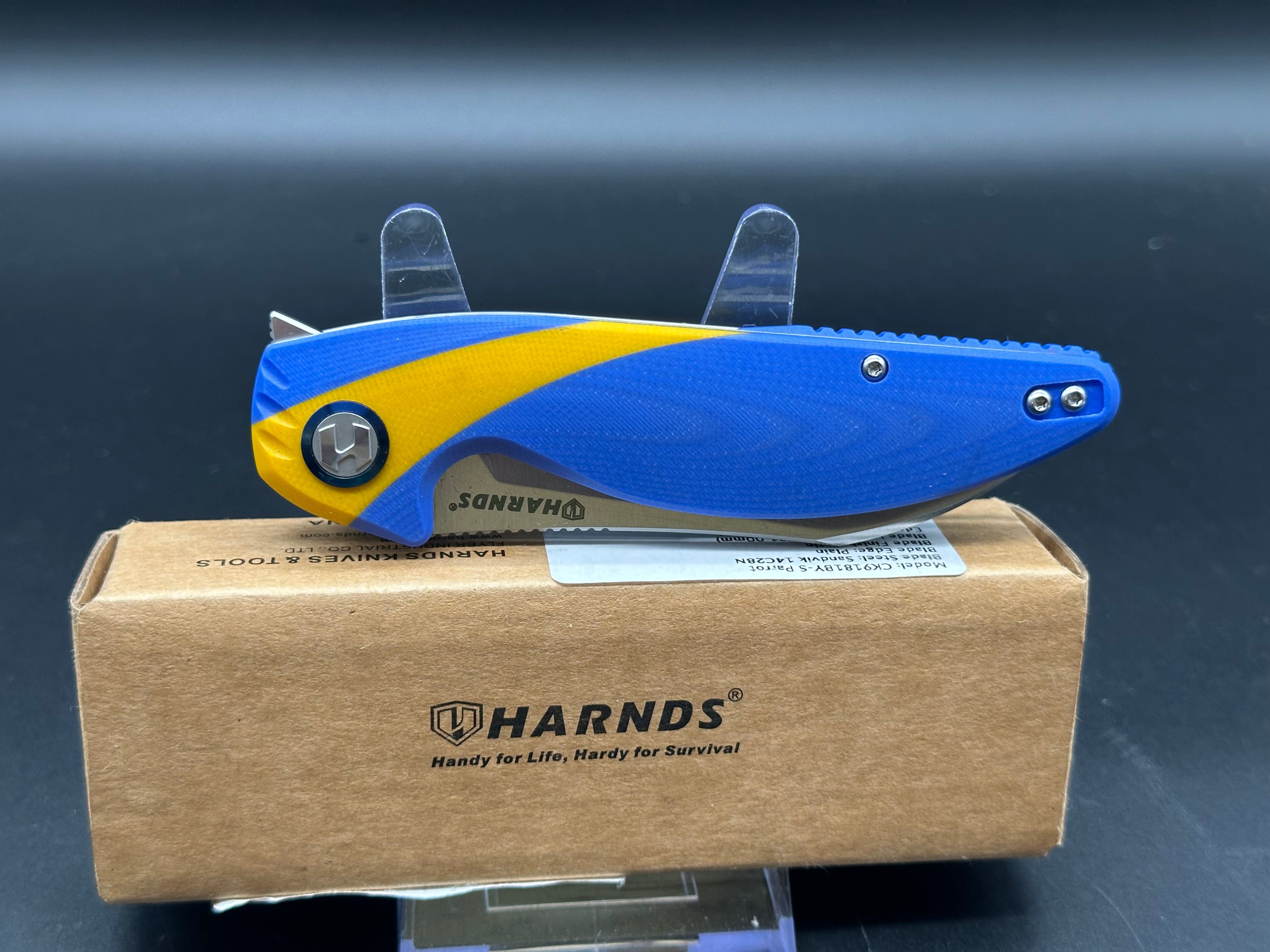 HARNDS Parrot Folding Pocket Knife - Blue/Yellow G10 Handle, EDC Camping, Hiking & Outdoor Survival Tool