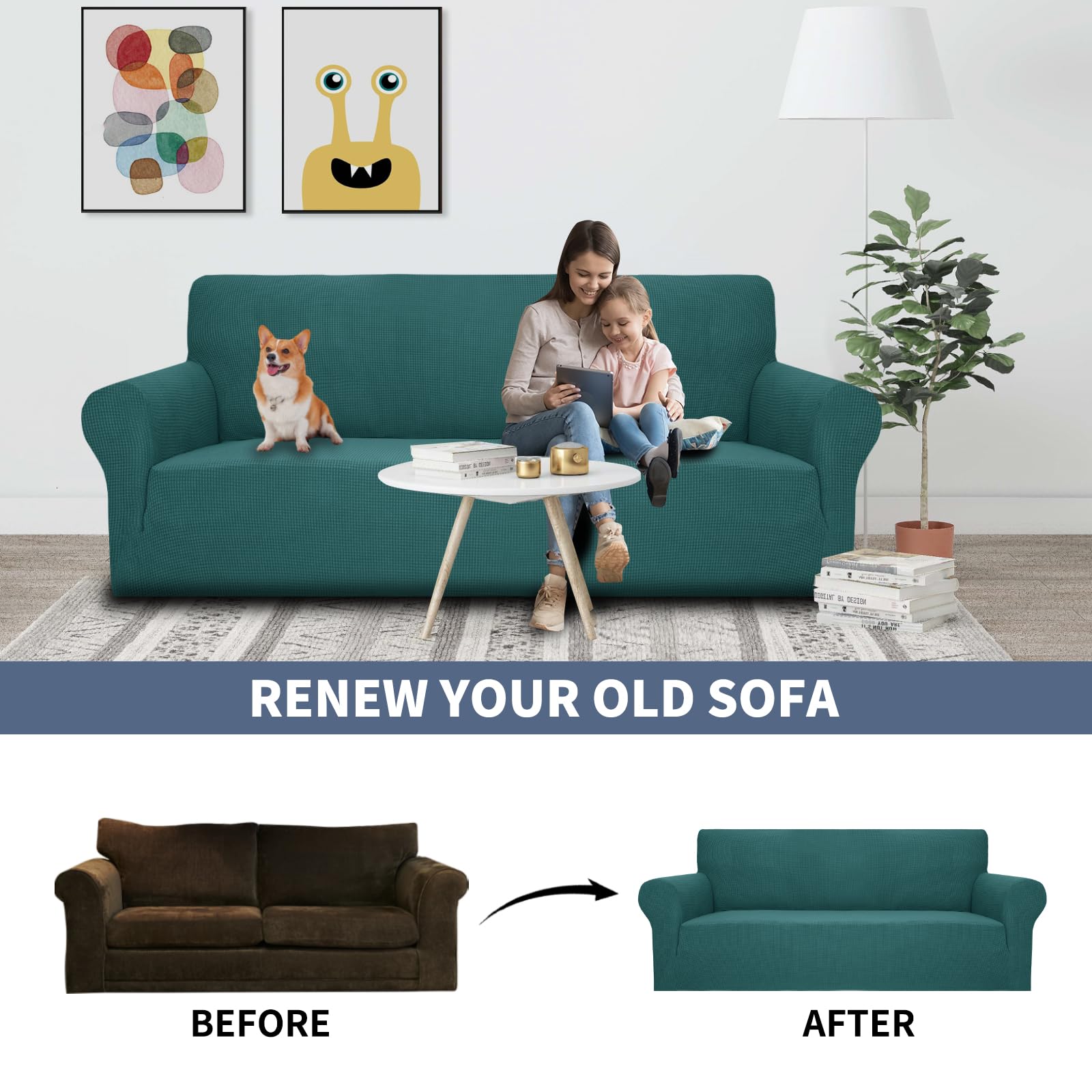 JIVINER Stretchable Jacquard Sofa Cover - 3 Cushion 1-Piece Elastic Slipcover with Anti-Slip Bottom, Furniture Protector for Pets & Kids - Perfect for Living Room, Family Room (Blackish Green)