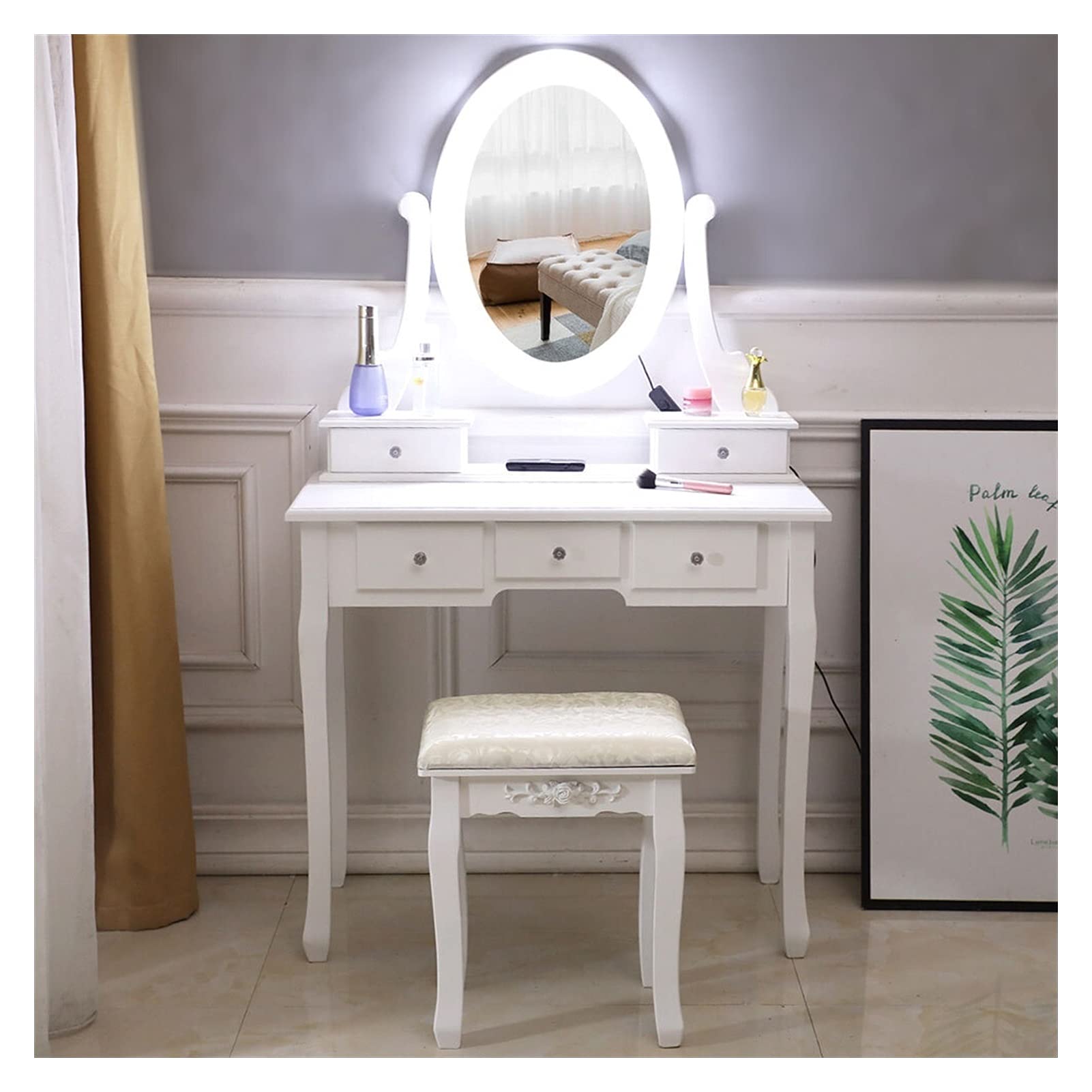 XIANGGUI 1983 White Vanity Desk with LED Lights, Single Mirror & 5 Drawers - 31.5