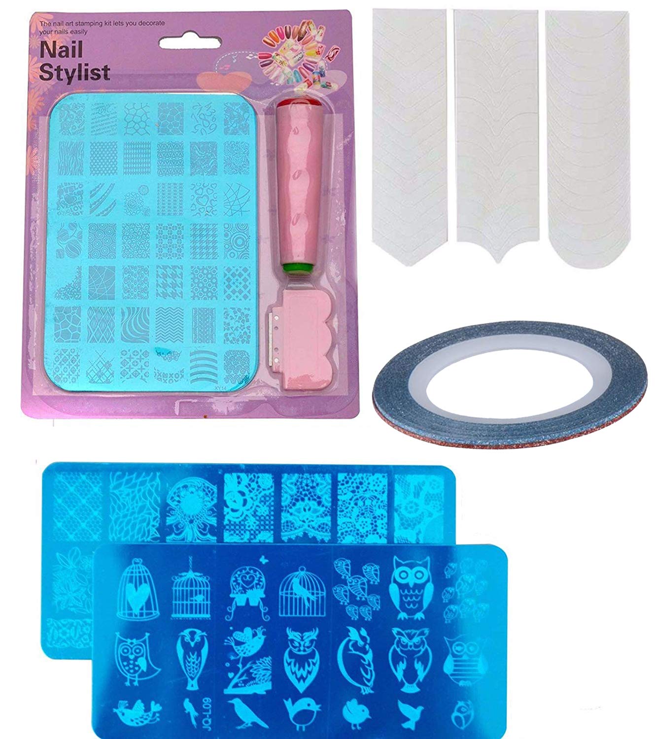 FOK Plastic Stamping Nail Art Kit - 2Pc Stamping Image Plates & French Manicure Tip Stickers with Nail Art Tape | DIY Nail Design for Home Salon, Parties & Gift Giving