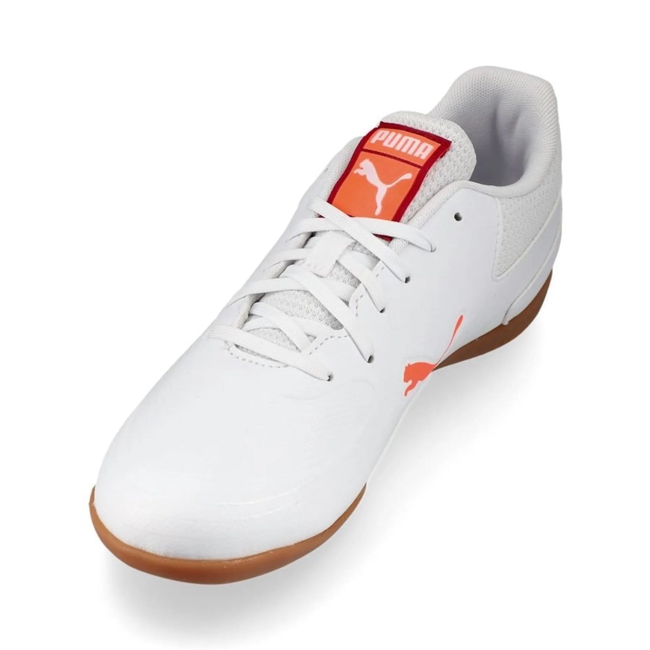 Puma Truco III Junior Indoor Soccer Shoes for Kids - White/Glowing Red/Dark Crimson | Lightweight Football Cleats for Indoor Training & Games