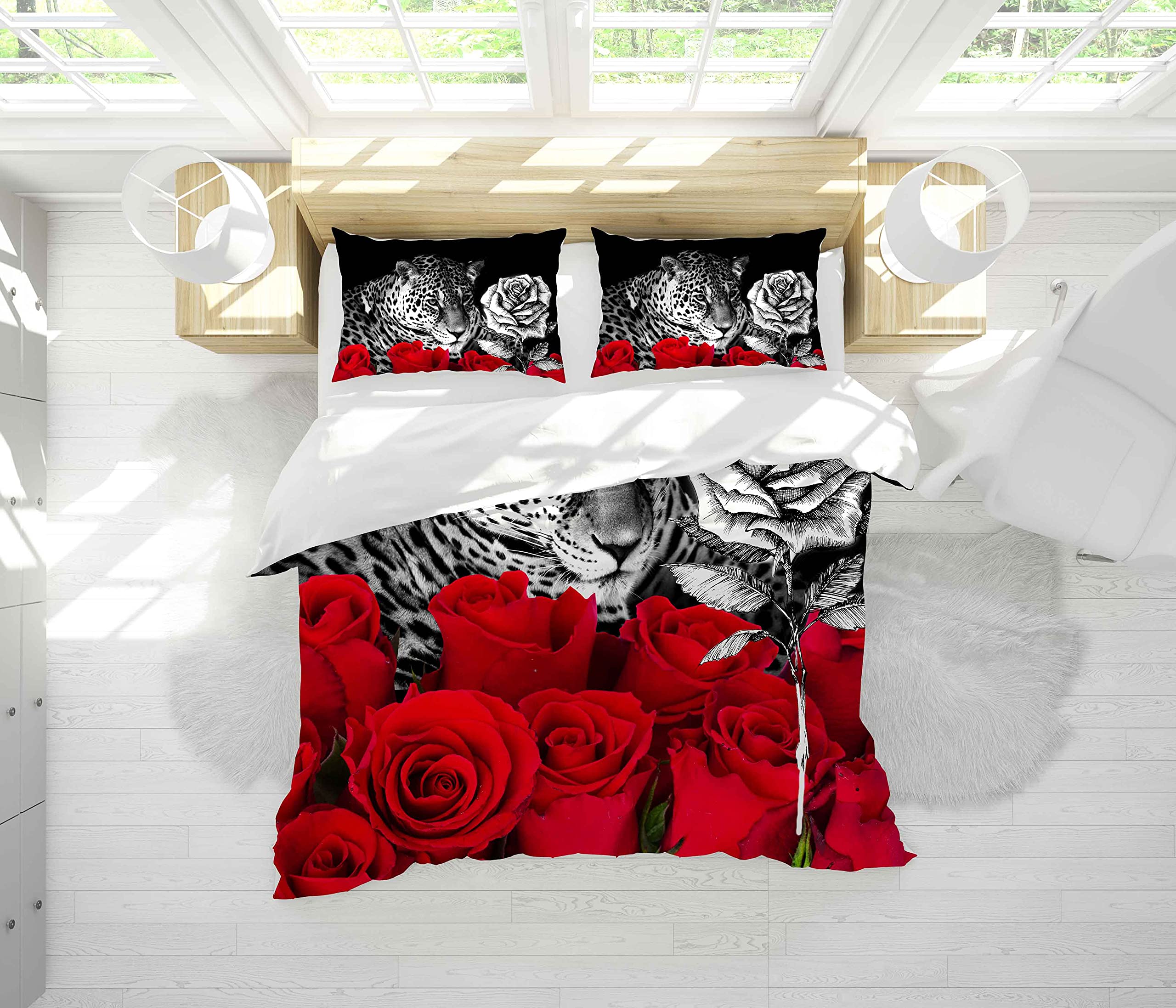 Cheetah Comforter Set - Red Rose Leopard Bedding for Safari Wildlife Theme | Soft Lightweight Duvet with Pillowcases | Perfect for Jungle-Themed Bedrooms
