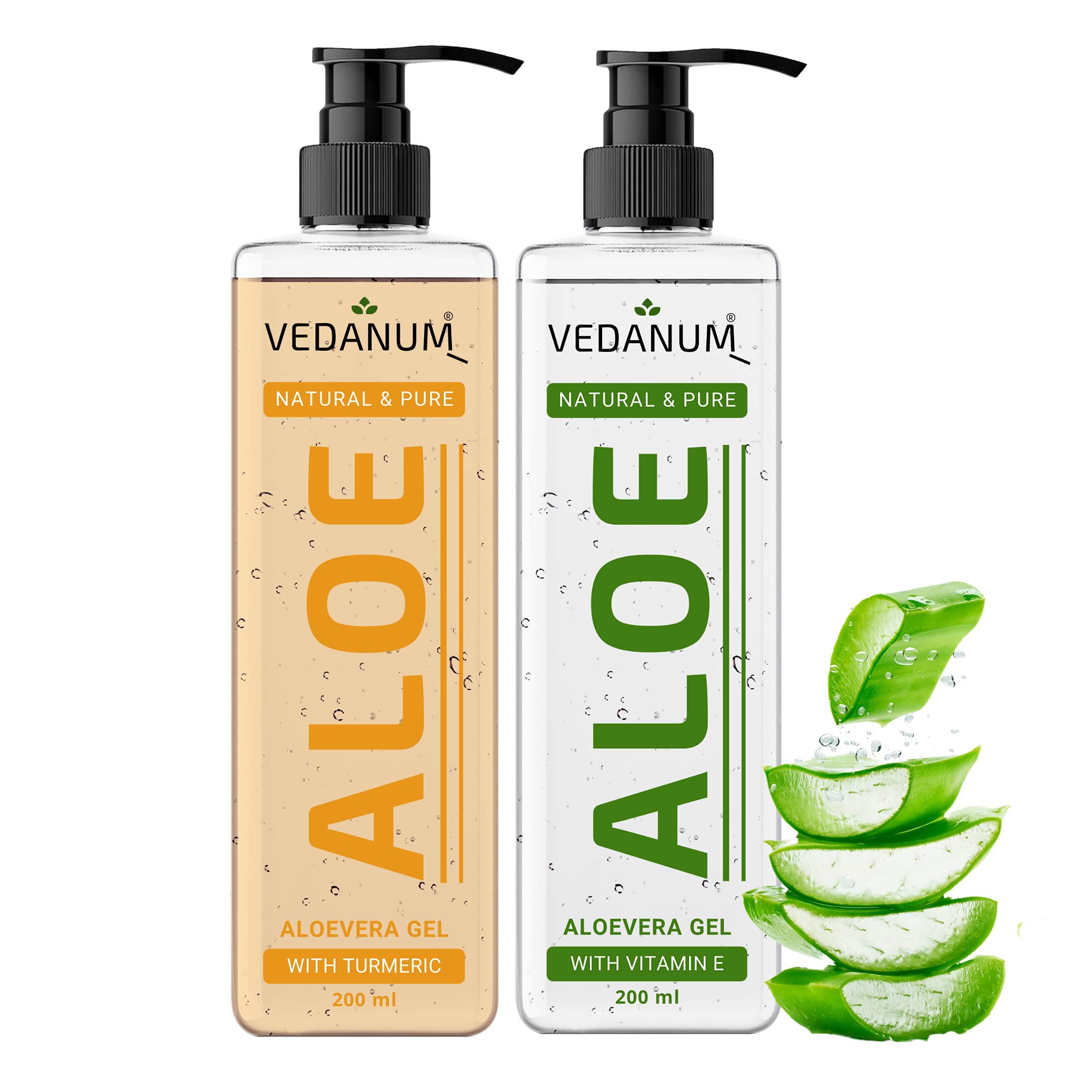 VEDANUM Fresh Cut Natural Aloe Vera Gel & Turmeric Gel Combo - 200ml x 2 Pack for Skin Hydration, Nourishment, Hair Care & Cosmetics | Soothing Sunburn Relief, Daily Moisturizer & Scalp Treatment