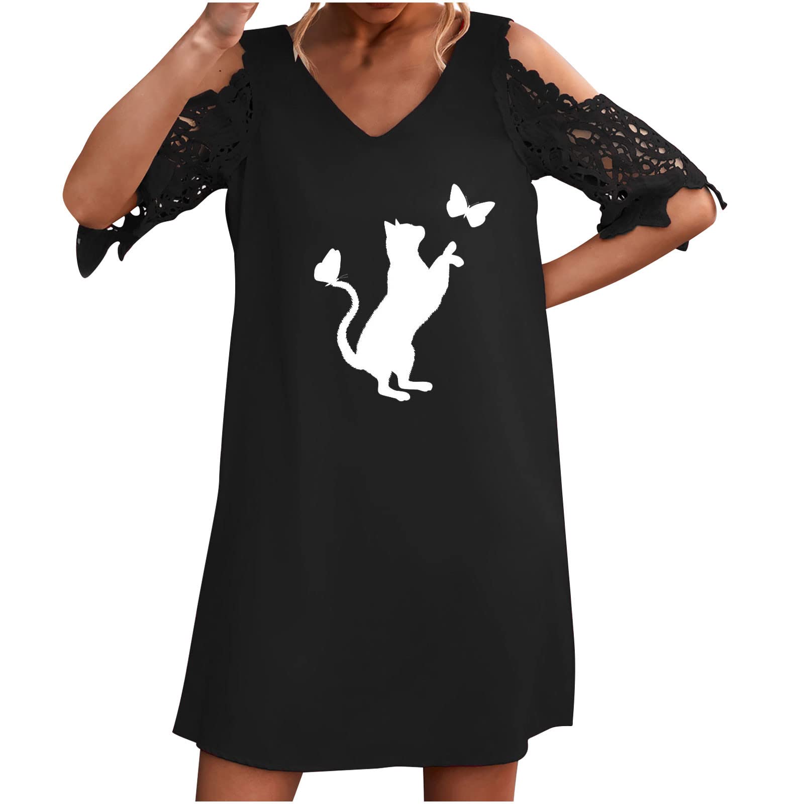 Women's Summer Cold Shoulder Dress - Lace Crochet Short Sleeve V-Neck Shift Dress | Casual Loose T-Shirt Style Party Dress (A3) | Perfect for Beach Vacations, Date Nights & Summer Weddings