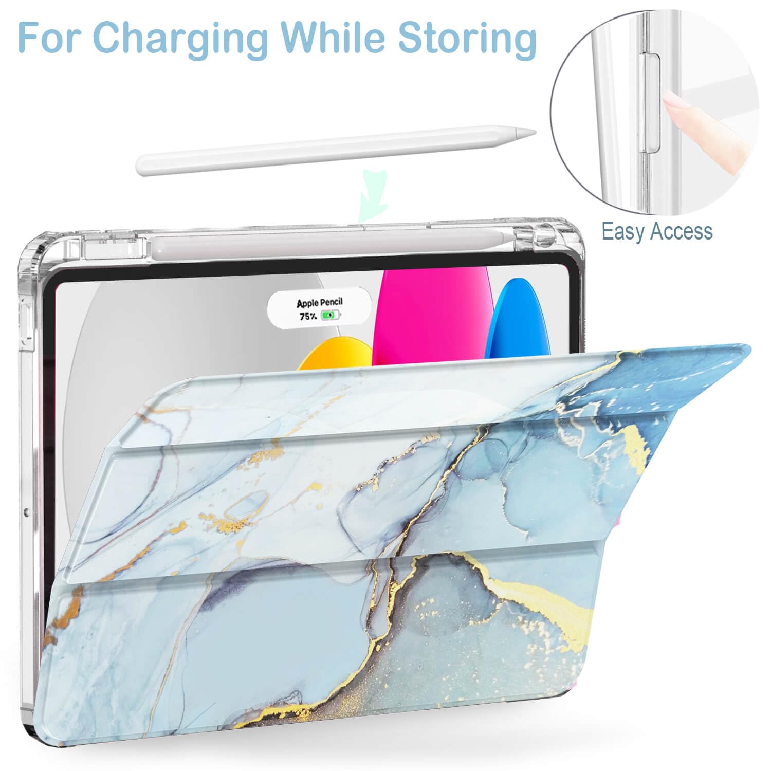 Slim Protective Case for iPad Air 11-inch (M3 2025/M2 2024) & iPad Air 10.9-inch (5th/4th Gen) - Clear Blue Marble Design with Apple Pencil Holder & Auto Sleep/Wake - Perfect for Work, School & Travel