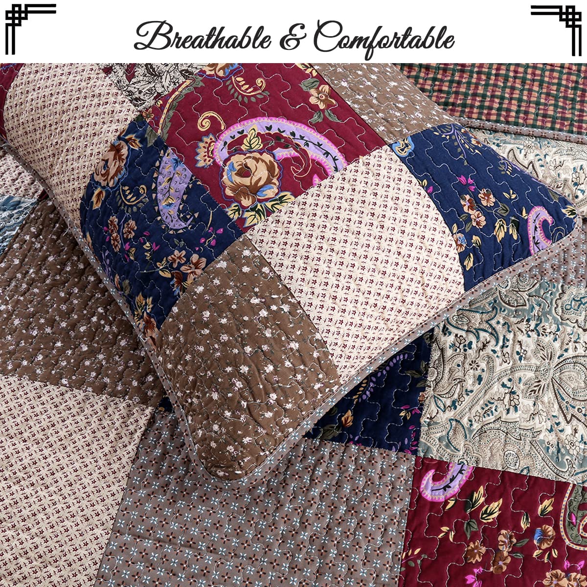 100% Cotton Reversible Quilt Bedding Set - Cozy Line Home Fashions Sanders Brown Floral Patchwork Coverlet & Bedspread (Red Navy, King Size 3-Piece) for Master Bedroom, Guest Room & Cozy Farmhouse Decor