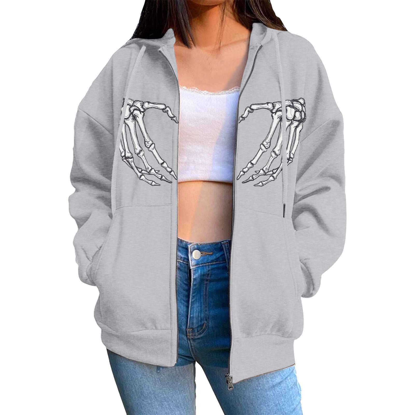 Women's Gothic Print Zip-Up Sweatshirt Jacket with Drawstring & Pockets - Baggy Oversized Hoodie for Casual Wear, Street Style & Layering