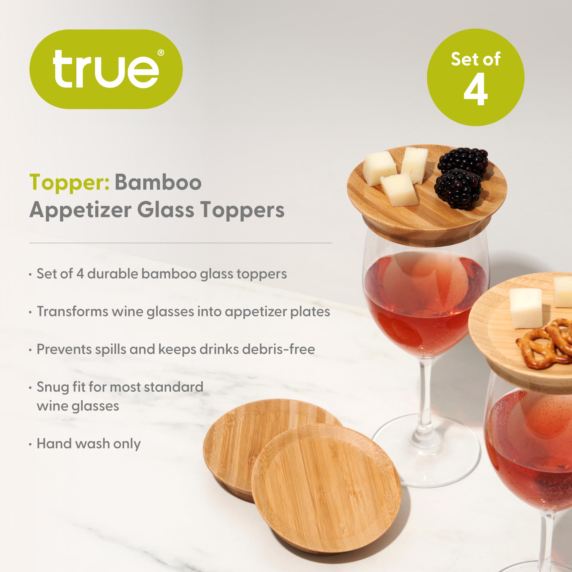 Eco-Friendly Bamboo Appetizer Plates & Wine Glass Covers Set of 4 - Natural Wooden Cocktail Plates, Cup Toppers for Parties, Weddings & Home Entertaining
