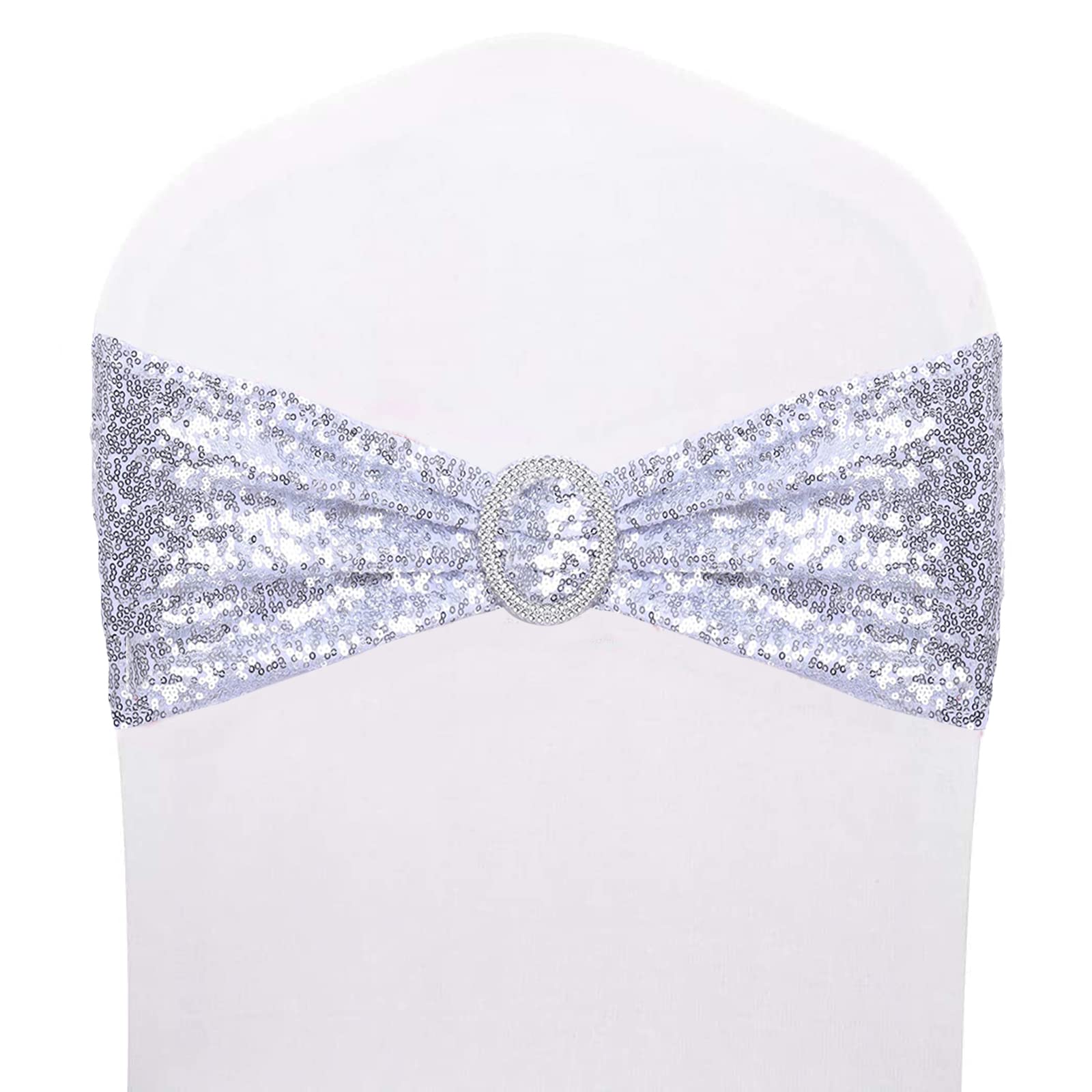 100-Pack Silver Sequin Chair Sashes with Buckles - Stretchy Spandex Chair Bands with One-Side Sequin Bow for Wedding, Party, Banquet & Reception Decorations - Perfect for Bridal Showers, Anniversary Celebrations and Event Decor