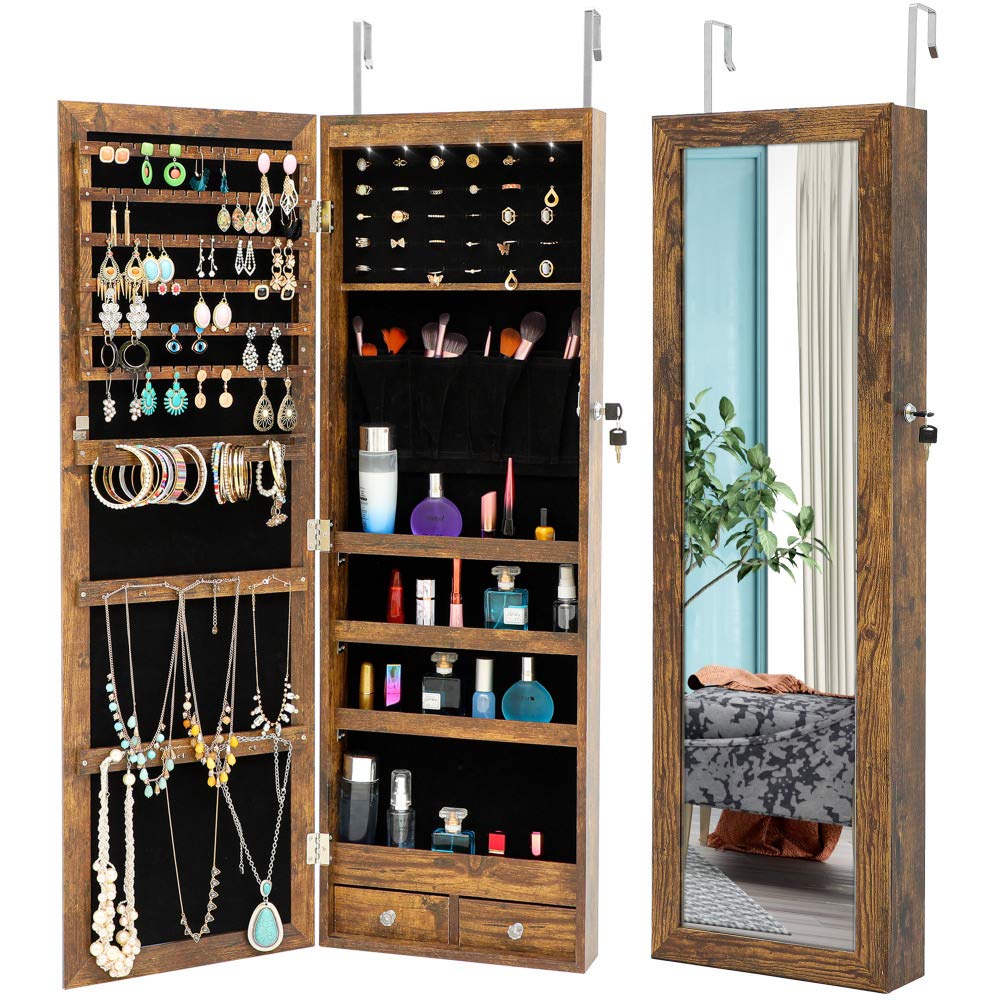 LED Jewelry Mirror Cabinet with Lights - Wall/Door Mount for Bedroom & Bathroom