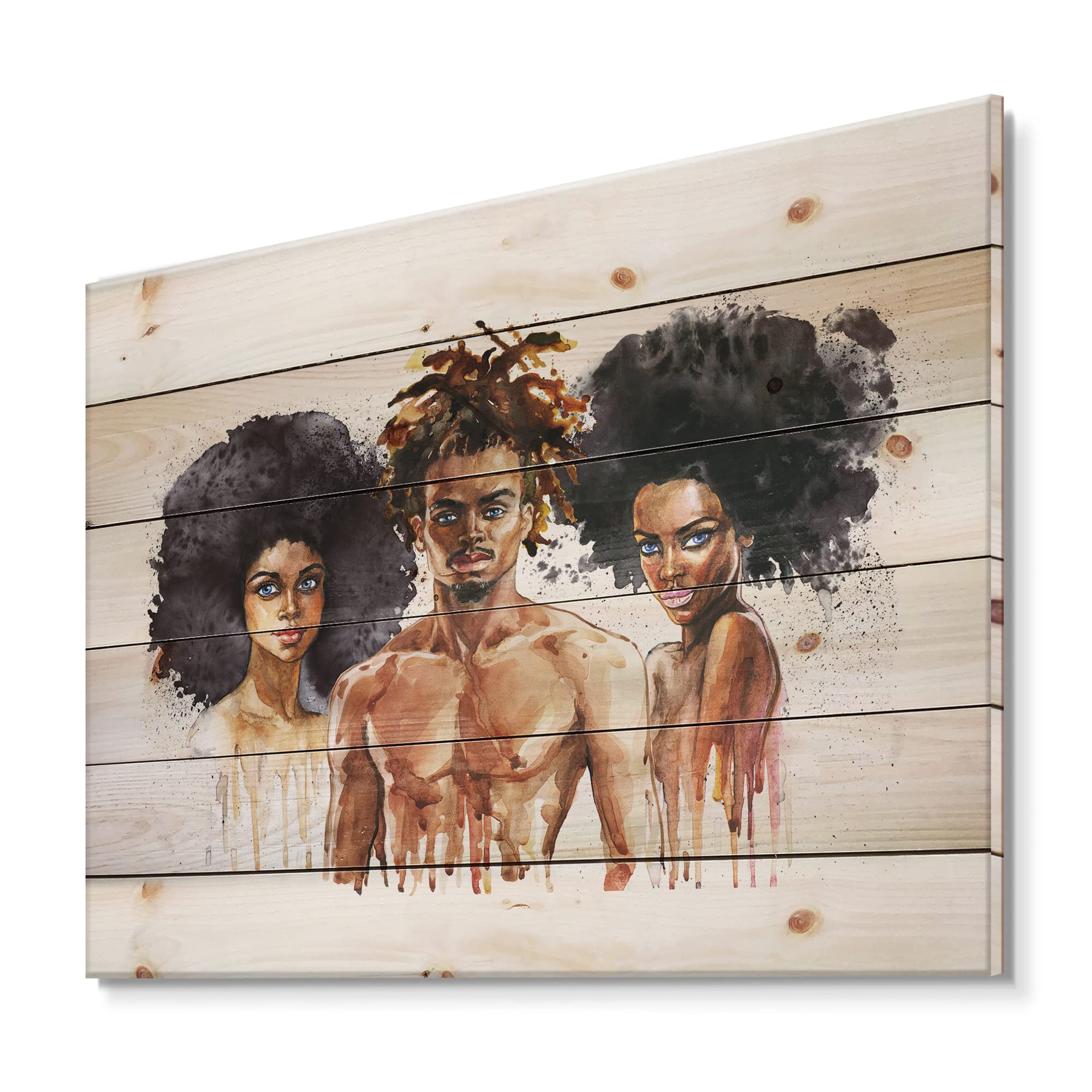 Stylish Afro American Fashion Portraits Wood Wall Decor - Brown Large Fashion Art Panels Printed on Natural Pine Wood - Perfect for Living Room, Bedroom & Office Decor
