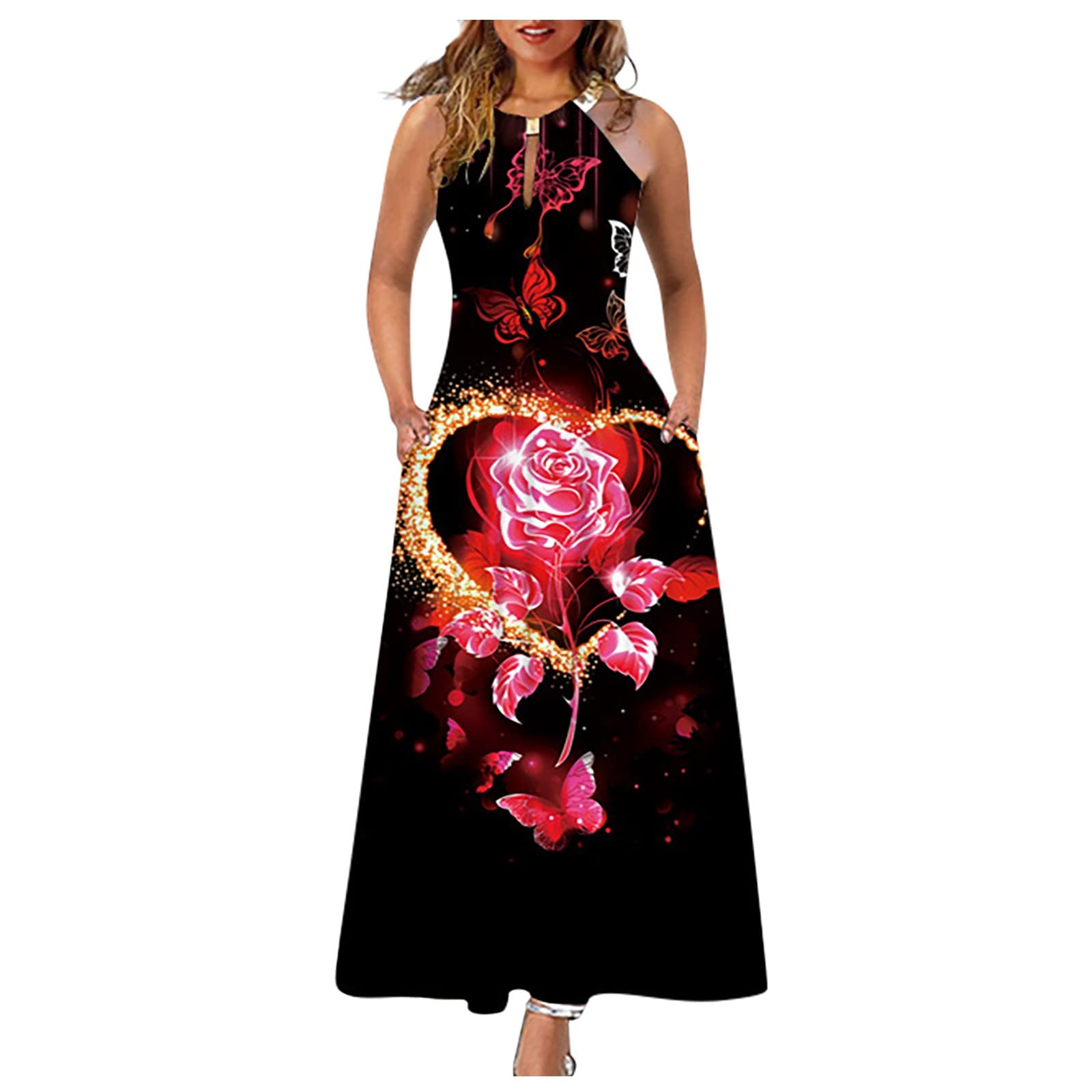 Women's Floral Print Summer Dresses with Pockets - Sleeveless Halter Hollow Out Casual Beach Dress for Outdoor, Vacation & Party Wear