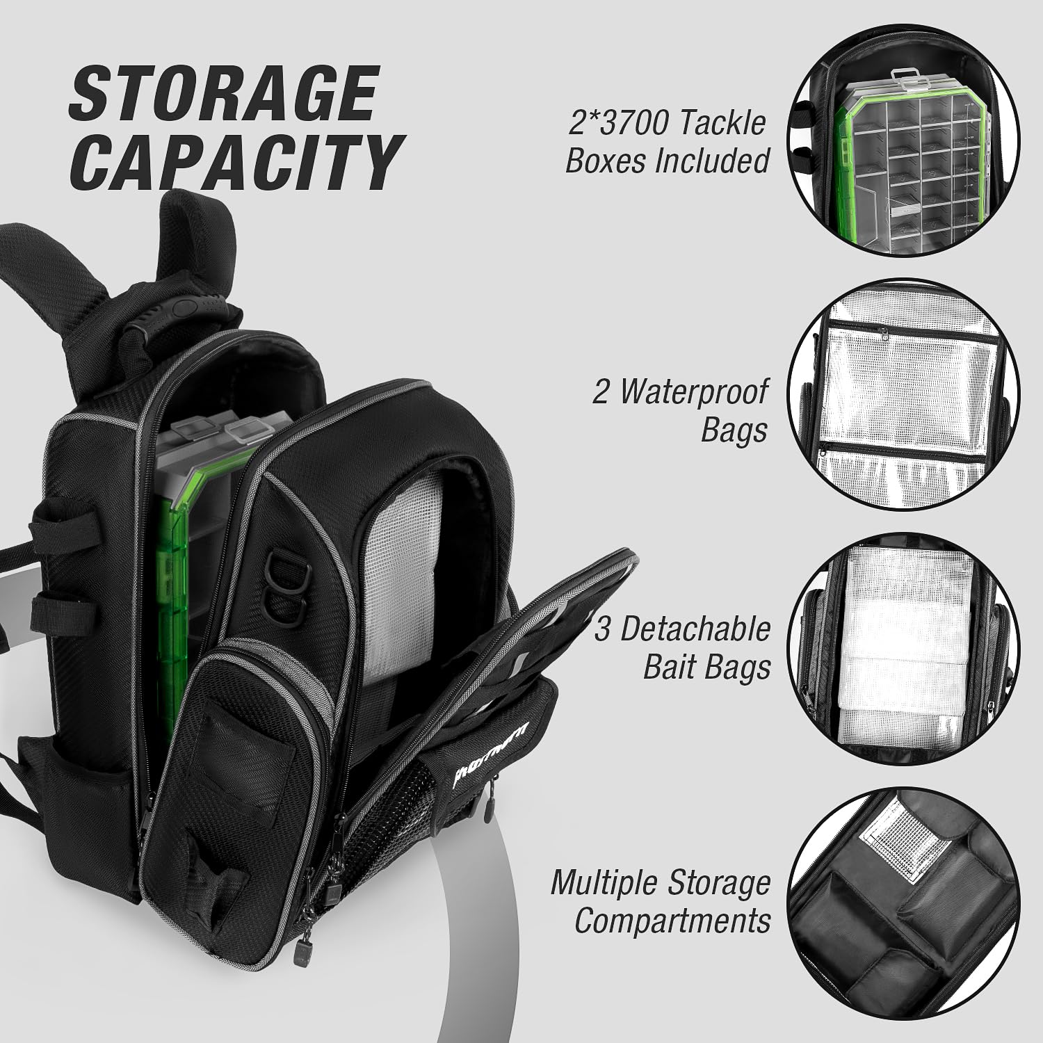 Ghosthorn 40L Waterproof Fishing Backpack with 2 x 3700 Tackle Boxes & Rod Holders - Large Outdoor Fishing Gear Storage Bag for Bass, Trout, Saltwater Fishing - Perfect for Shore, Boat & Kayak Anglers
