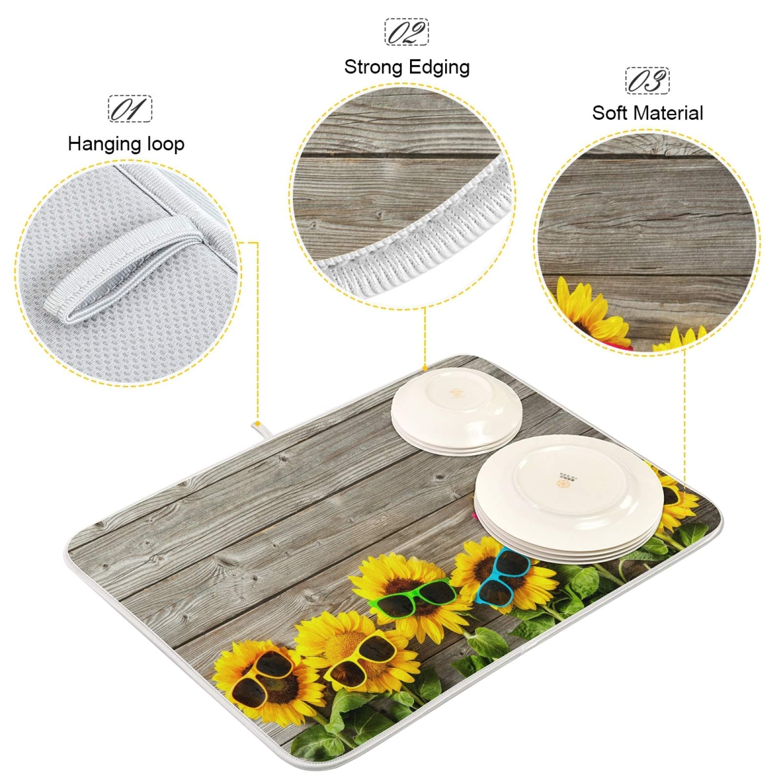 Sunflower Dish Drying Mat - 16x18 Inch Absorbent Microfiber for Kitchen Counter & Home Decor