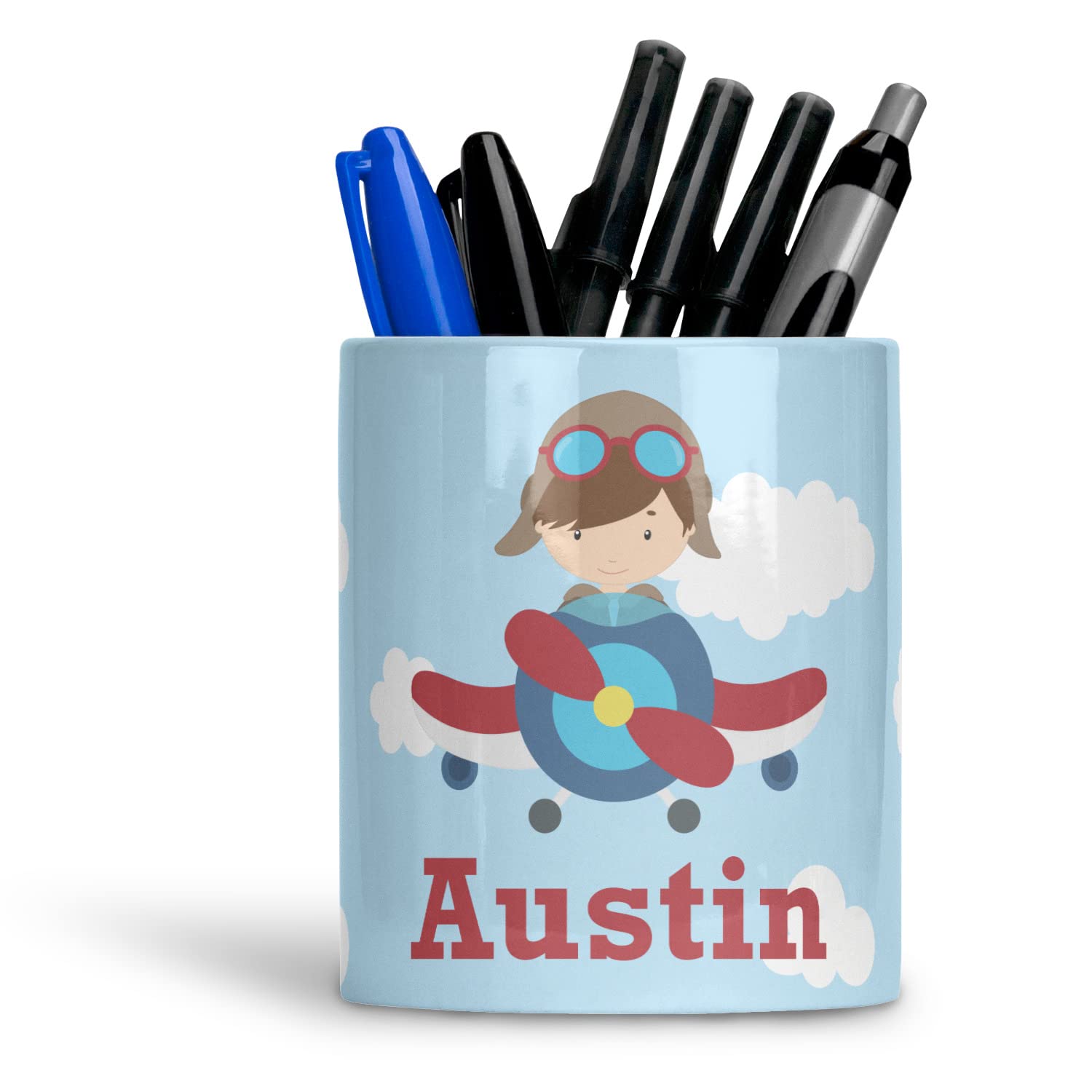 Custom Personalized Airplane & Pilot Ceramic Pen Holder - Unique Office Desk Organizer for Aviation Enthusiasts & Gift Ideas