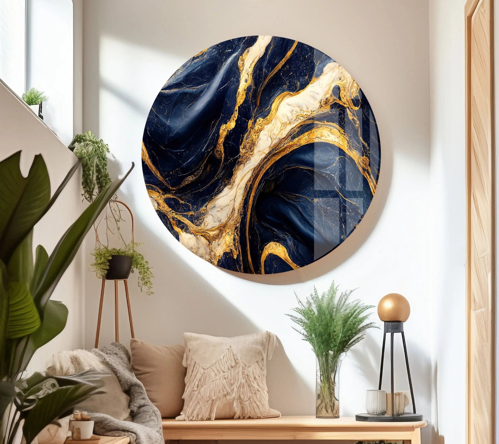 Abstract Marble Dark Blue and Gold Glass Wall Art - Modern Home Decor for Living Room, Bedroom & Office - Elegant Handmade Glass Painting for Wall Display
