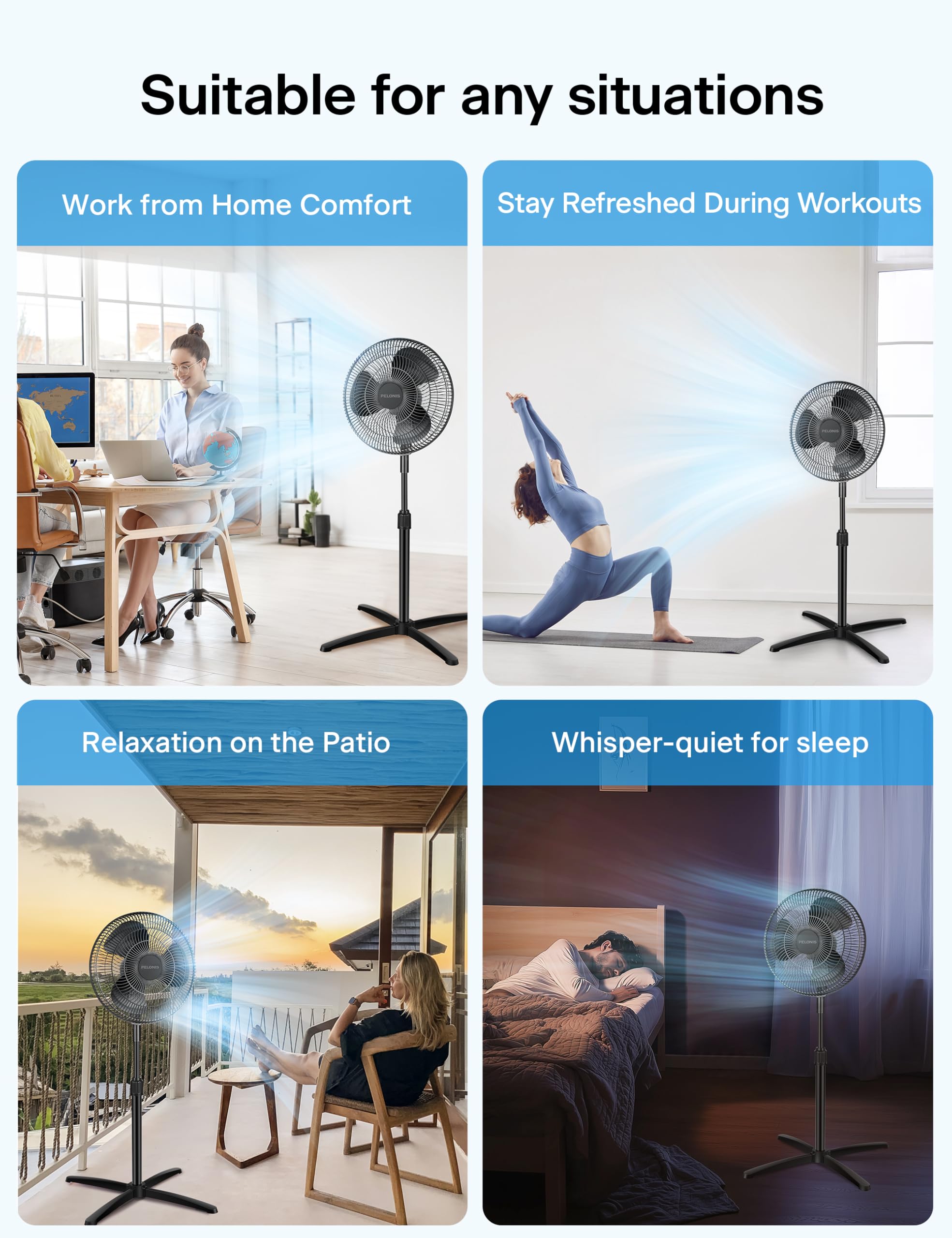 PELONIS 16 Inch Pedestal Fan with 3-Speed Settings, 90° Oscillation & Adjustable Height - Powerful Standing Floor Fan for Home, Office, Bedroom & Kitchen - Quiet Cooling Solution for Summer & Hot Days (Black, PFS40M2ABB)