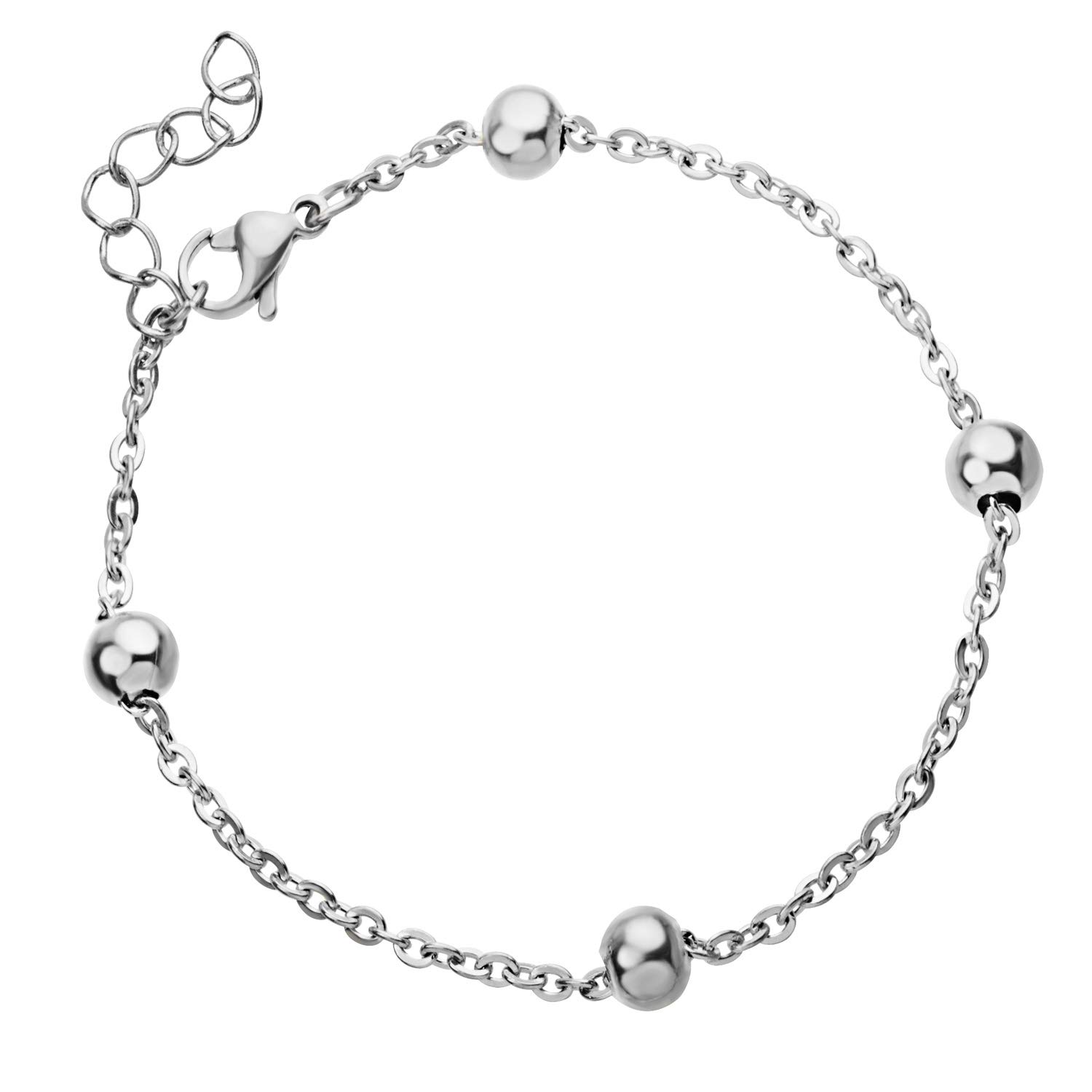 555Jewelry 2mm Stainless Steel Adjustable Beaded Cable Chain Bracelet for Women - Dainty Silver Beaded Bracelet for Ladies - 8 Inch Fashion Jewelry - Perfect for Everyday Wear, Office & Casual Outfits