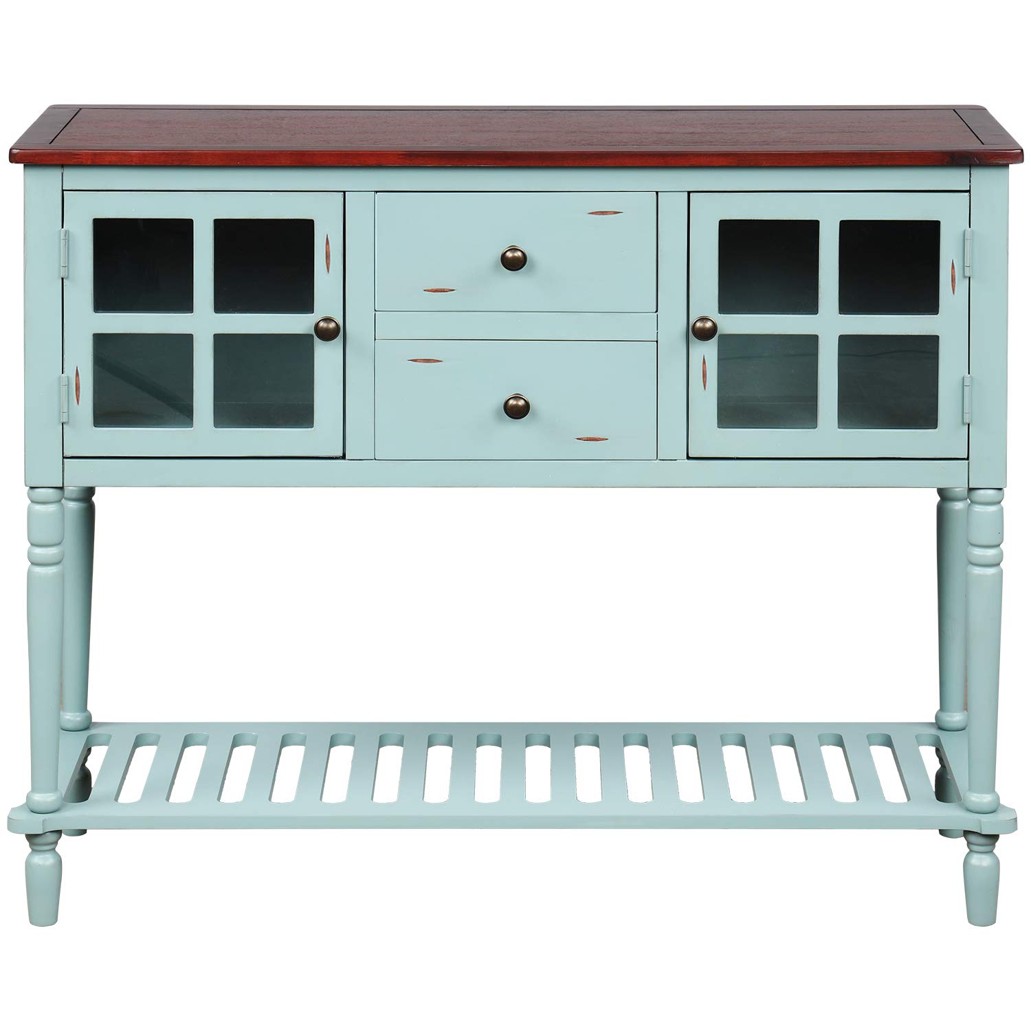 TREXM Farmhouse Sideboard Console Table with Bottom Shelf - Wood and Glass Buffet Storage Cabinet for Living Room, Dining Room, Entryway - Retro Blue Finish - Perfect for Home Decor and Extra Storage Space