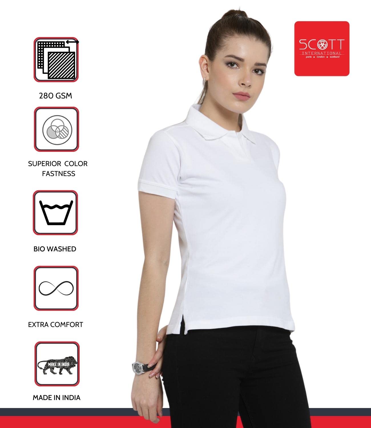Scott International Women's 100% Organic Cotton Polo Shirt - Regular Fit Half Sleeve T-Shirt with Classic Polo Collar (White, Large) | Casual Wear, Office Outfits & Summer Fashion