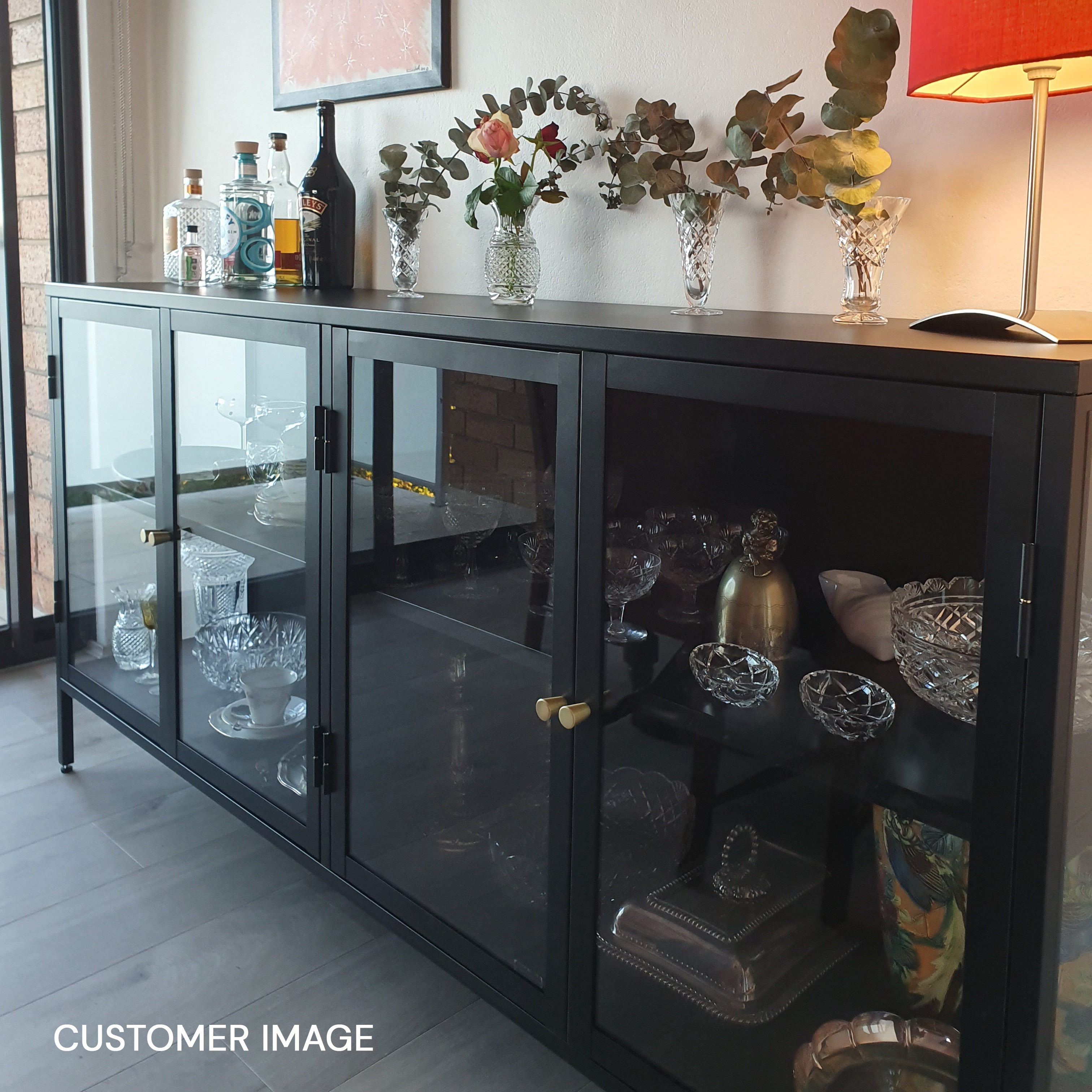 Modern CARMEL 4 Glass Door Sideboard Buffet Cabinet - 170cm Wide Black Wooden Storage Unit for Dining Room & Living Room - Perfect for Displaying China, Glassware & Home Decor