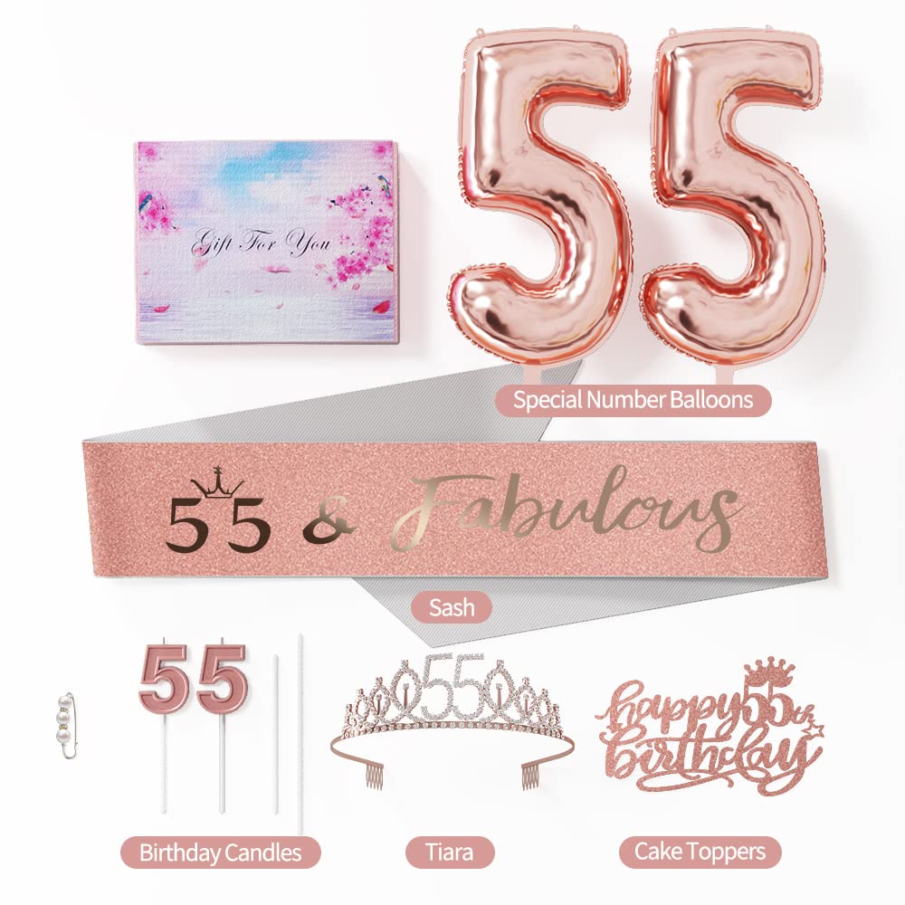55th Birthday Party Decorations for Women - Elegant Rose Gold Cake Topper, Balloons, Queen Sash with Pearl Pin, Tiara Crown & Candle Set - Perfect for Milestone Celebrations, Retirement Parties & Special Occasions