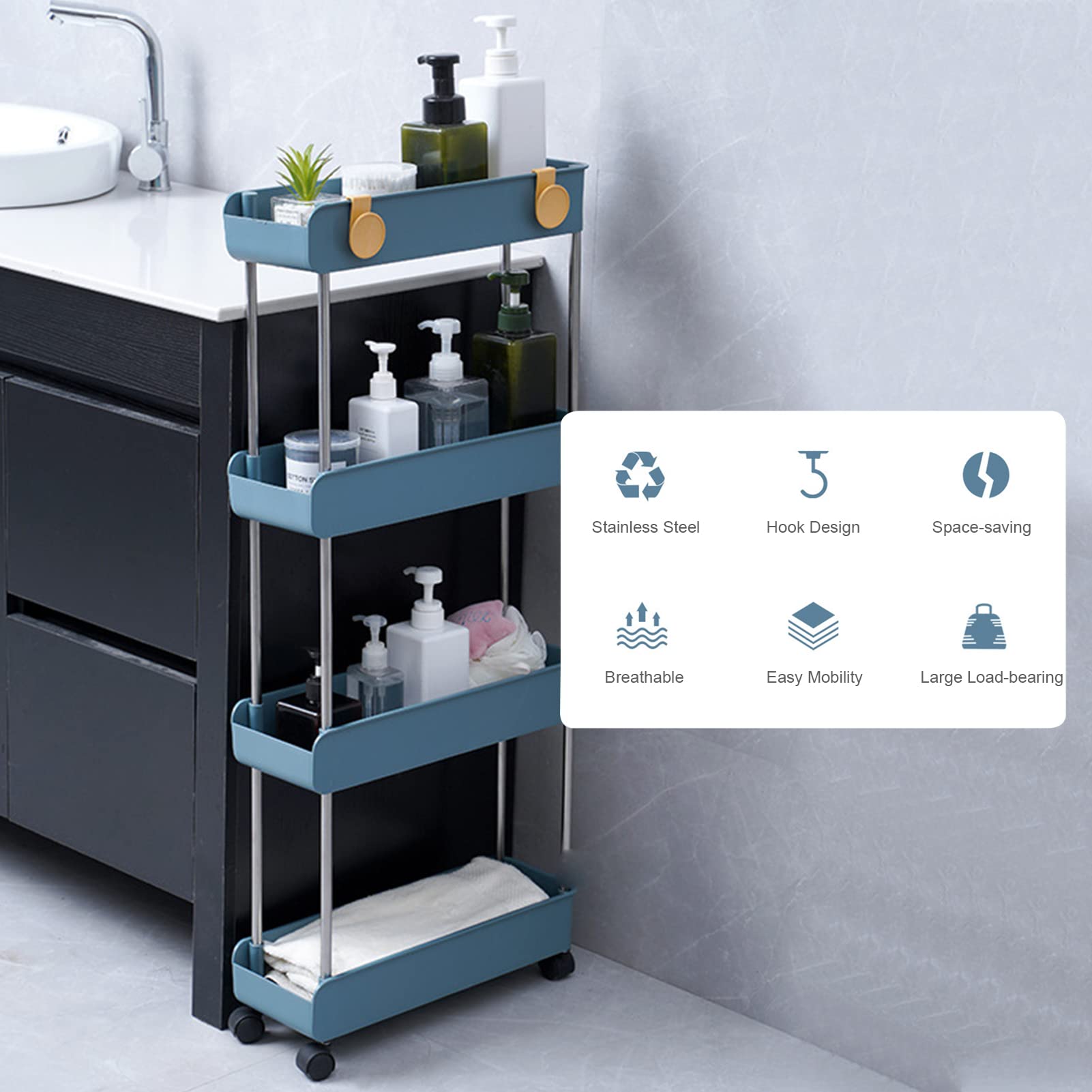 3-Tier Rolling Utility Cart with Wheels & Hanging Hooks - Multifunctional Storage Organizer for Kitchen, Bathroom, Office | Portable Standing Shelf & Service Trolley | Perfect for Home Organization, Restaurant Supplies & Workplace Storage