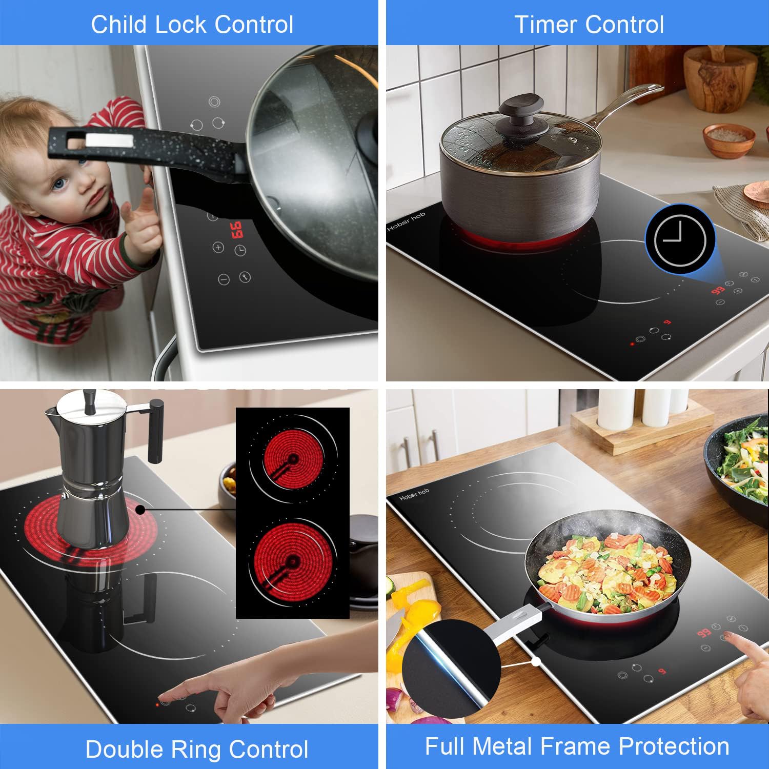 Hobsir 12-inch 2 Burner Electric Cooktop - 3200W Built-in Ceramic Stove with Touch Control, Timer & Safety Lock - 9 Power Levels, 220V-240V Hardwired (No Plug) - Perfect for Small Kitchens, Apartments & RVs