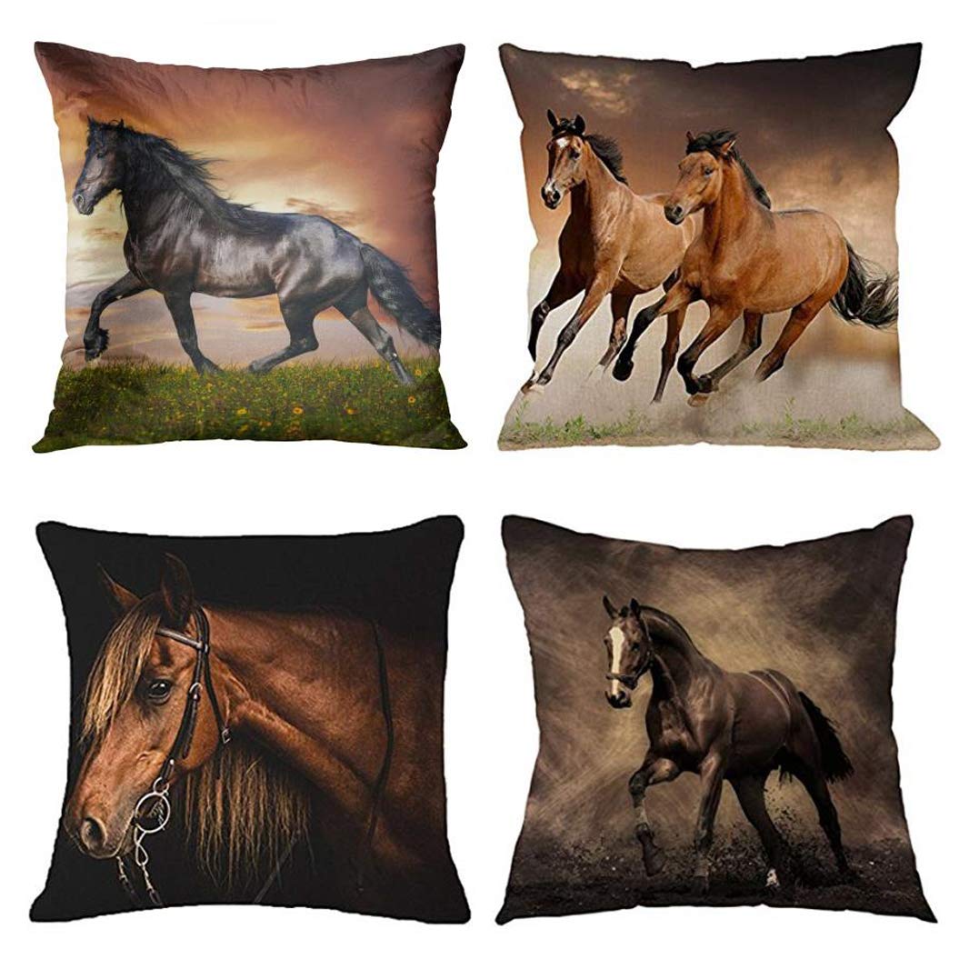 Emvency Set of 4 Horse Running Design Throw Pillow Covers - 18x18 Inch Square Decorative Pillow Cases for Sofa, Armchair & Bed - Cartoon Animal Print Home Decor for Living Room, Bedroom & Nursery