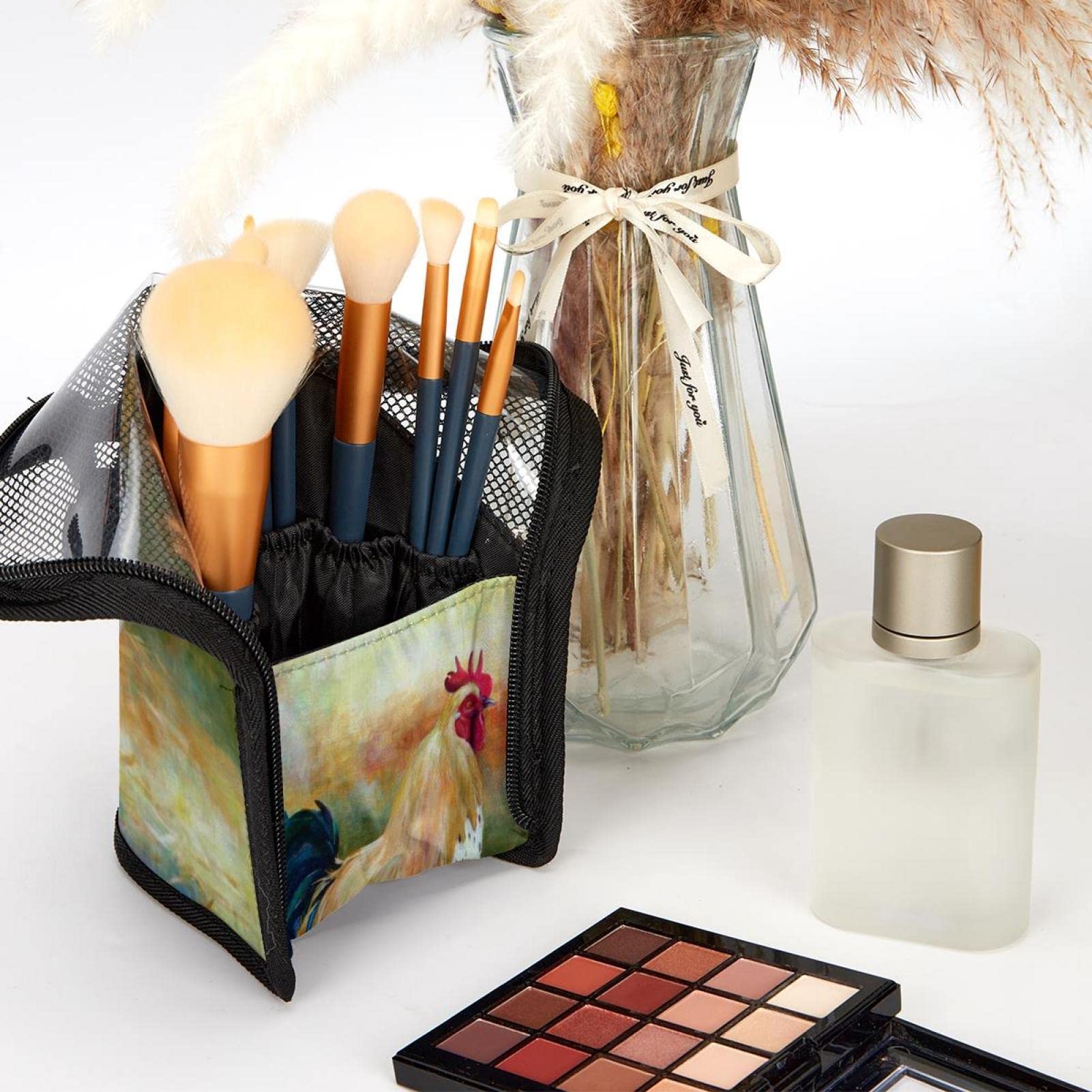 12-Piece Makeup Brush Organizer Bag with Colorful Rooster Design - Portable Cosmetic Brush Holder Case for Travel, Home & Professional Makeup Storage