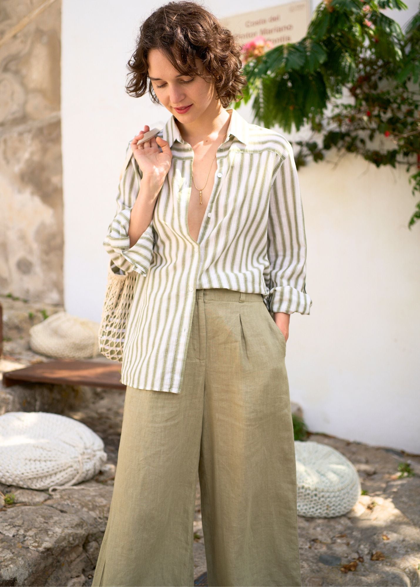 Chloe Pleated Wide Leg Linen Pants with Elastic Waist - 100% Breathable Linen Fabric in Soft Almond - Perfect for Summer, Office Wear & Casual Outfits