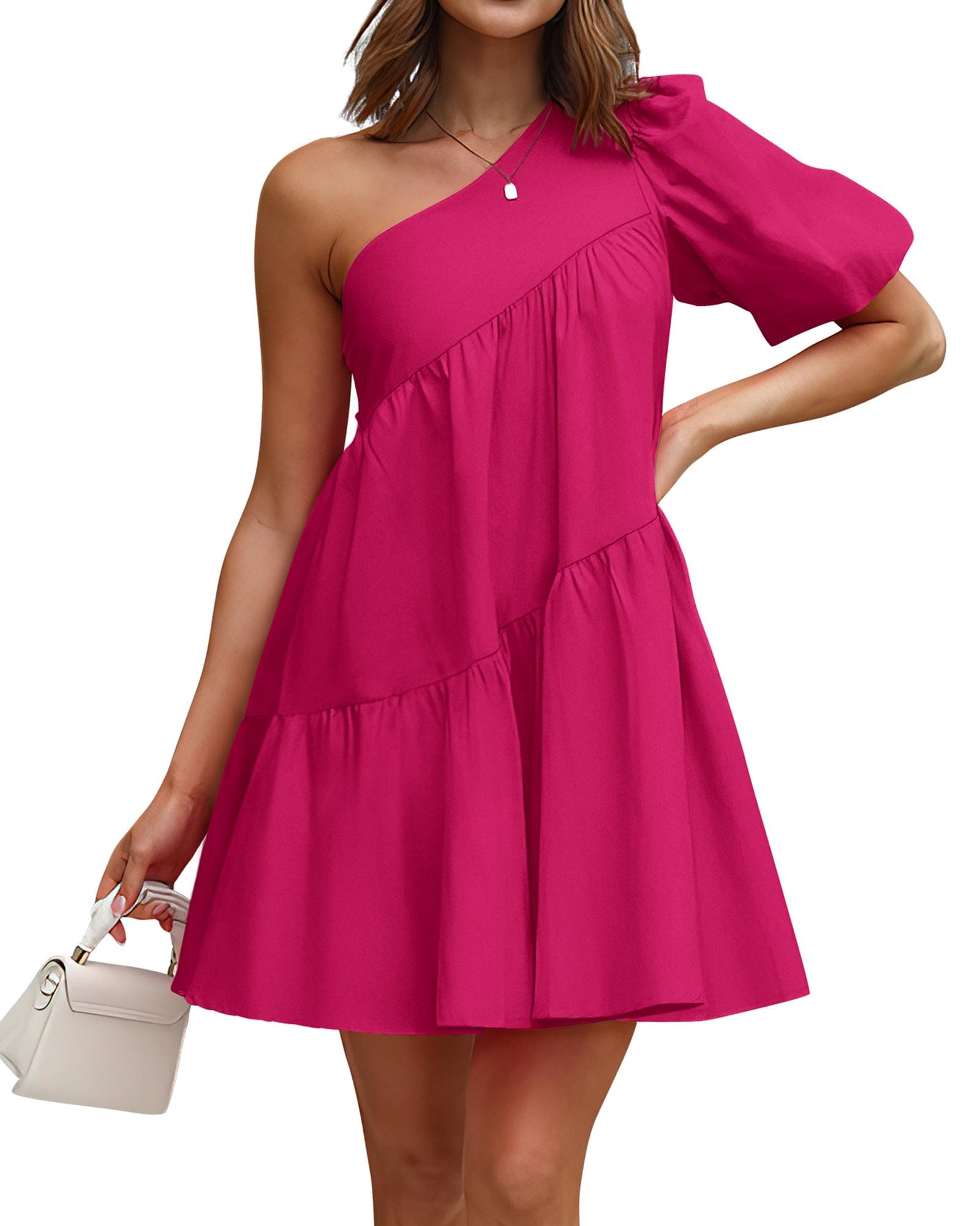 KIRUNDO Women's 2025 Summer One Shoulder Mini Babydoll Dress - Puff Sleeve Loose Tiered A-Line Flowy Short Dress for Beach, Party & Casual Wear