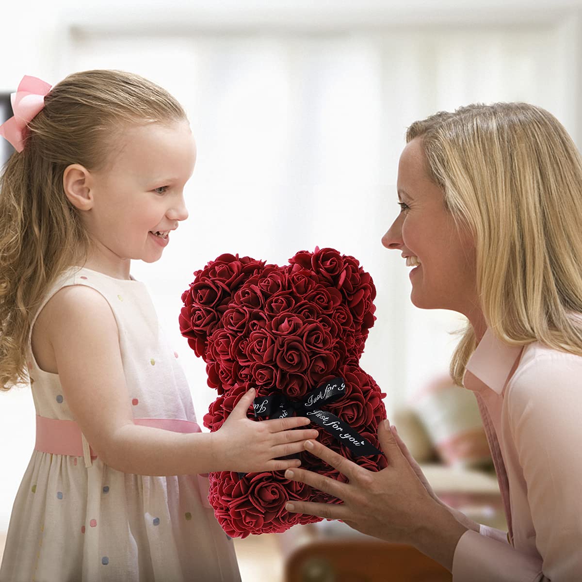 Handmade Rose Teddy Bear Gift for Women - Deep Red Rose Flower Bear with Clear Gift Box & Greeting Card | Perfect for Mother's Day, Valentine's Day, Anniversary & Bridal Showers | Romantic Home Decor & Special Occasion Present