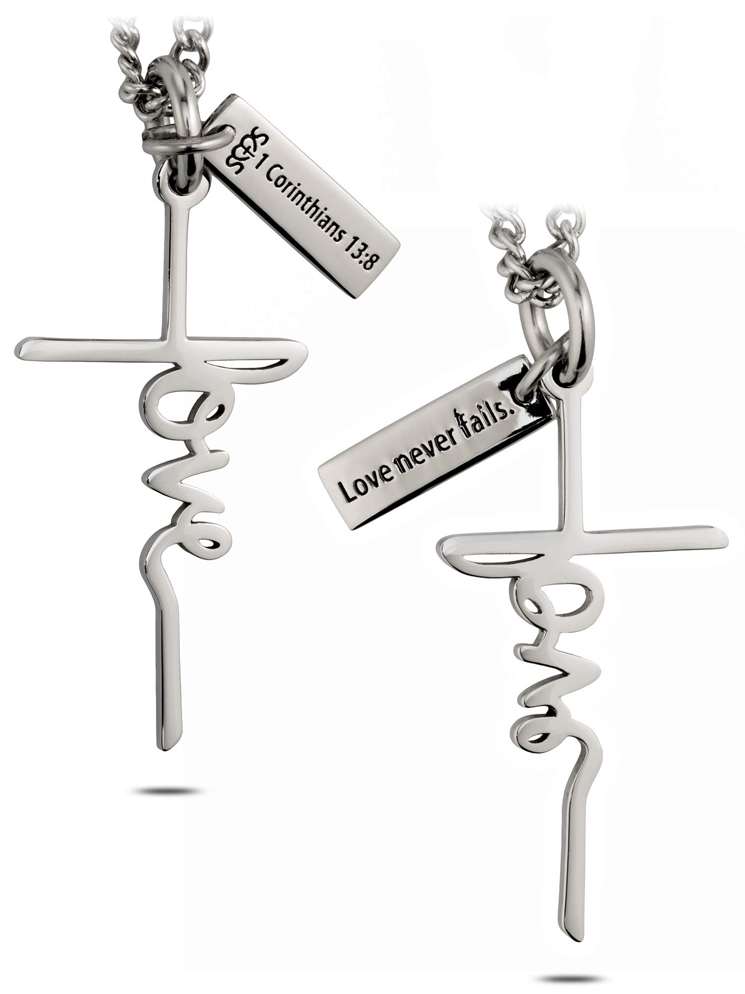 Shields of Strength Women's Girls Stainless Steel Love Cross Necklace with 1 Corinthians 13:8 Bible Verse - Christian Religious Jewelry Gift for Faith, Baptism & Daily Inspiration