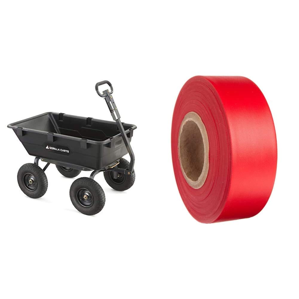 Heavy-Duty Gorilla Carts Poly Yard Dump Cart with 2-in-1 Convertible Handle - 1200 lbs Capacity | Brady Red Flagging Tape for Boundaries & Hazard Marking - 1.188