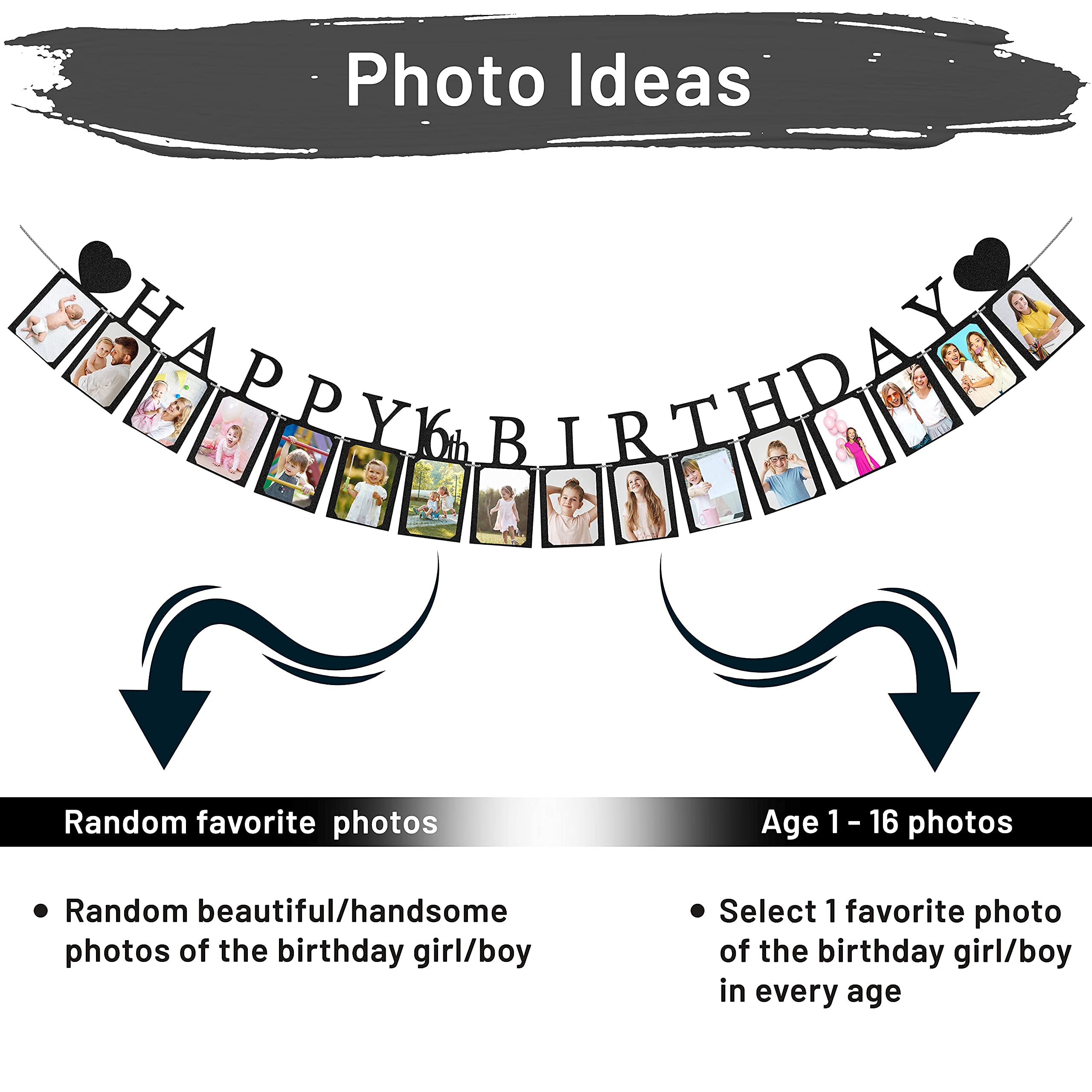 Sweet 16 Birthday Banner with Photo Frames - Black Pre-assembled Party Decorations for Girls | 16th Birthday Party Supplies with Signs | Perfect for Sweet Sixteen Celebrations, Photo Backdrops & Milestone Decor
