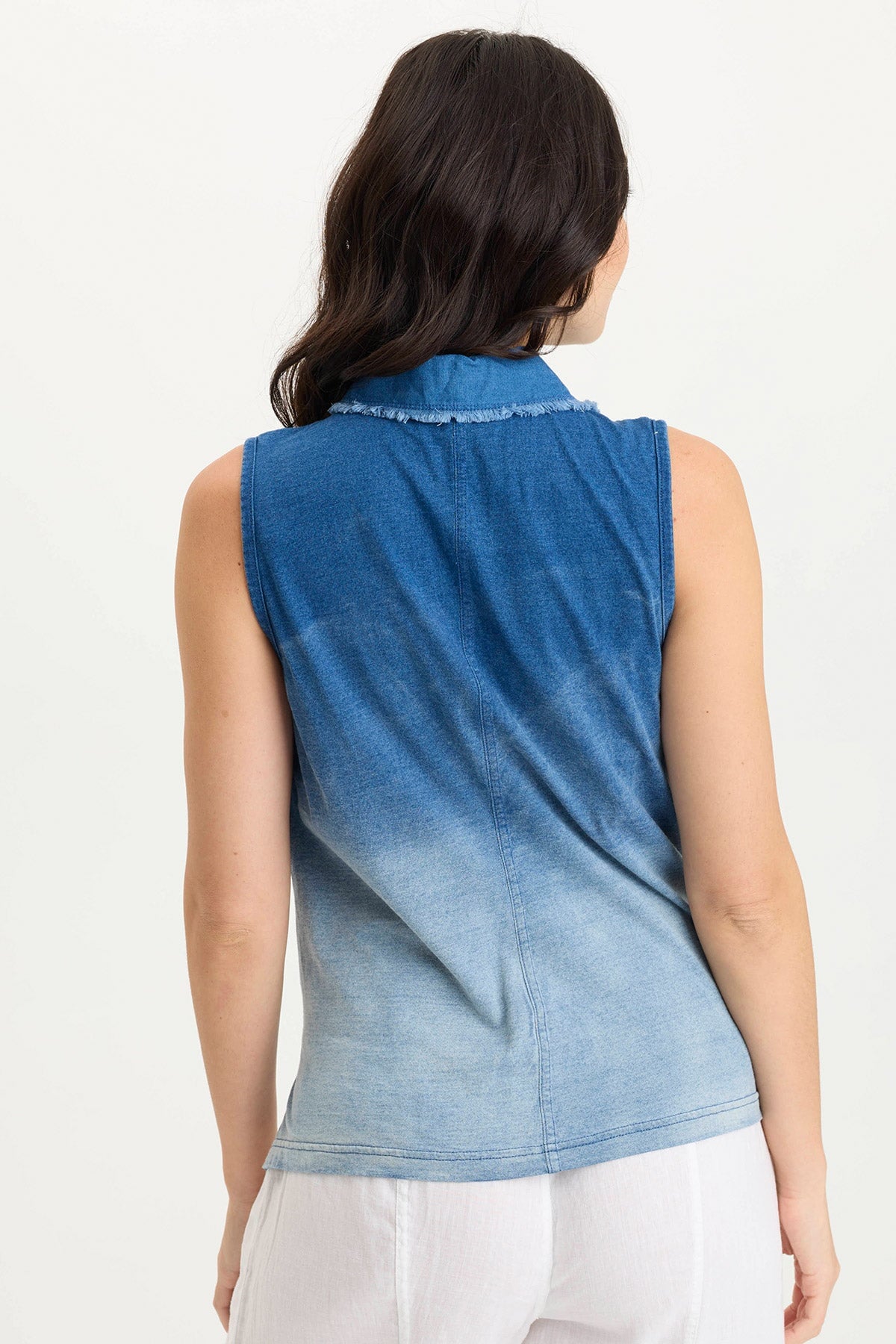 Tague Indigo Twill Knotted High-Low Snap Up Tank Top for Women - Casual Summer Outfit, Beachwear & Layering Staple