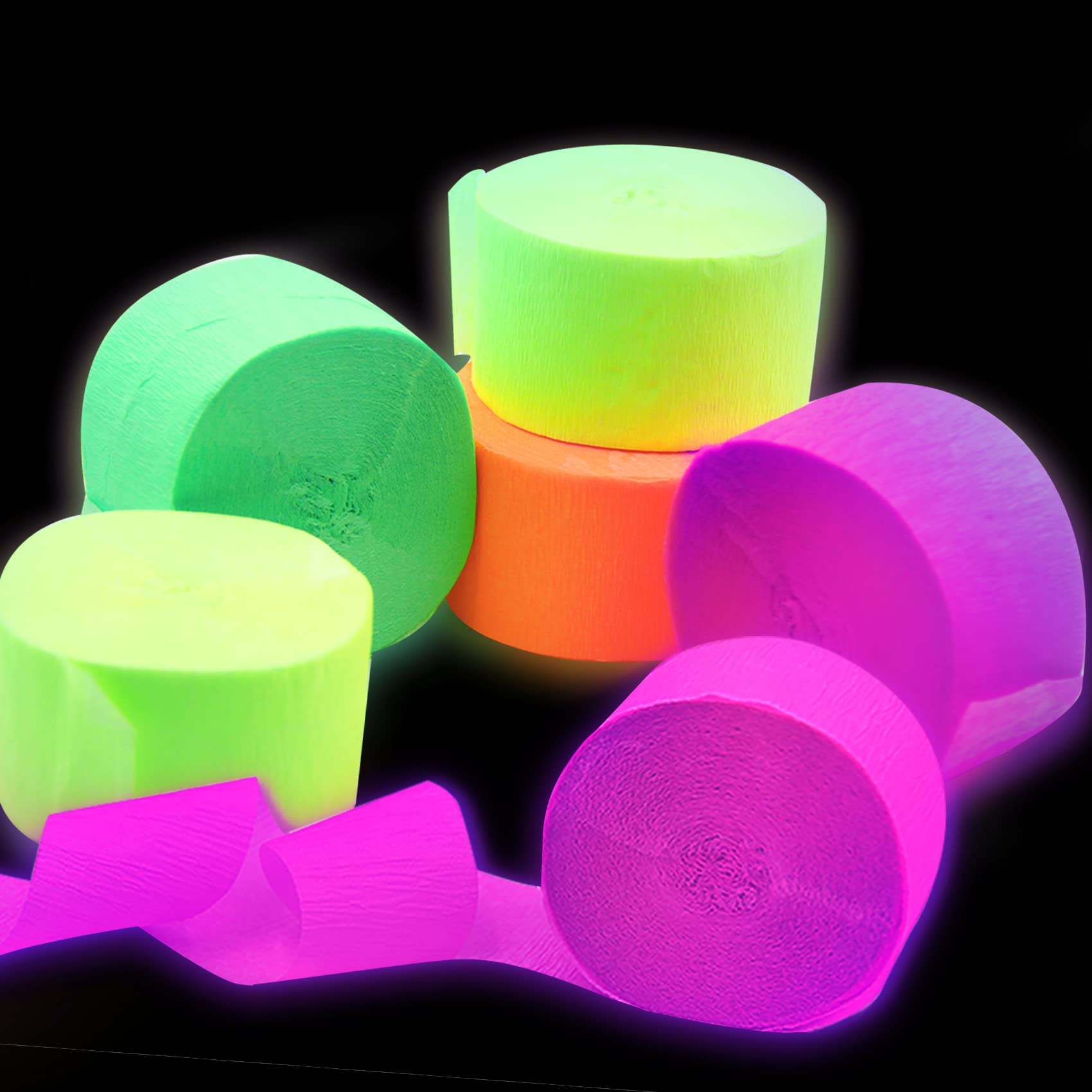 400 Feet Glow in The Dark Party Streamers - UV Blacklight Fluorescent Neon Crepe Paper for Glow Parties, Weddings, Birthdays & Decorations - Perfect for Nighttime Events, Raves, and Themed Celebrations