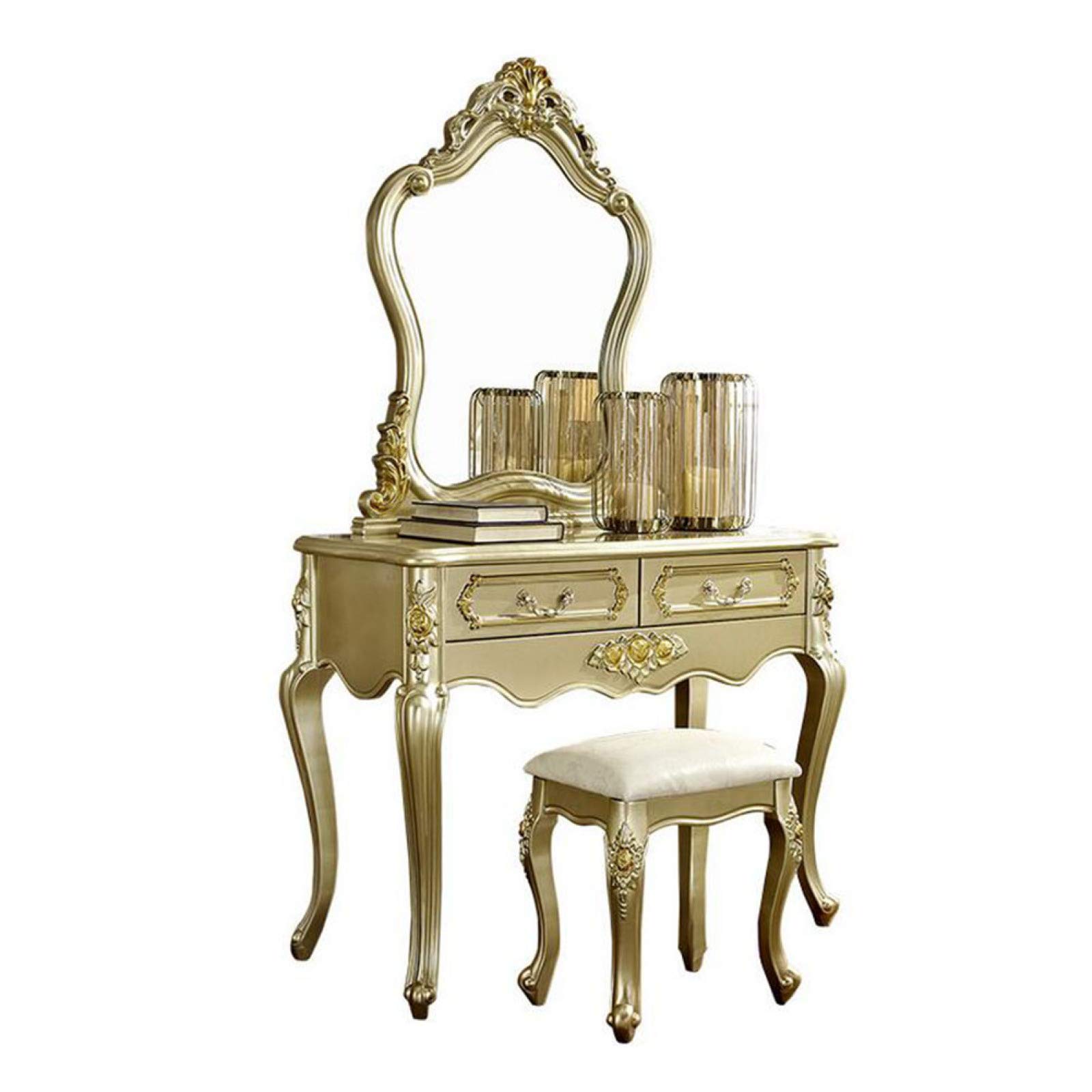 LIUXR Vanity Table with Mirror - 47 Inch Makeup Dressing Table Set with Cushioned Stool & 2 Drawers for Women, Girls, Teens - Champagne Gold Bedroom Vanity Desk | Perfect for Makeup Application, Skincare Routine & Bedroom Decor