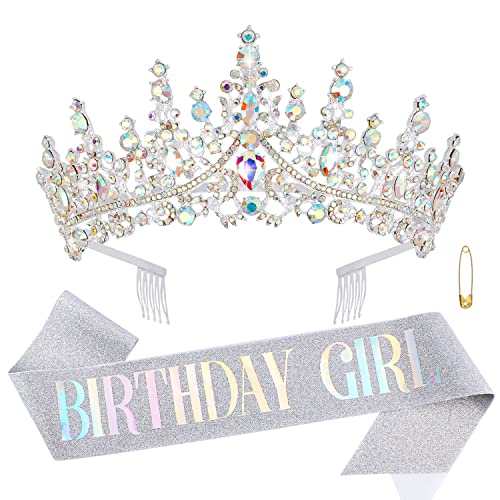 Chanaco Birthday Sash & Crown Set for Women - Silver Birthday Tiara & Sash for Birthday Girl - Happy Birthday Party Decorations & Gifts | Perfect for Birthday Parties, Bachelorette Celebrations & Special Occasions