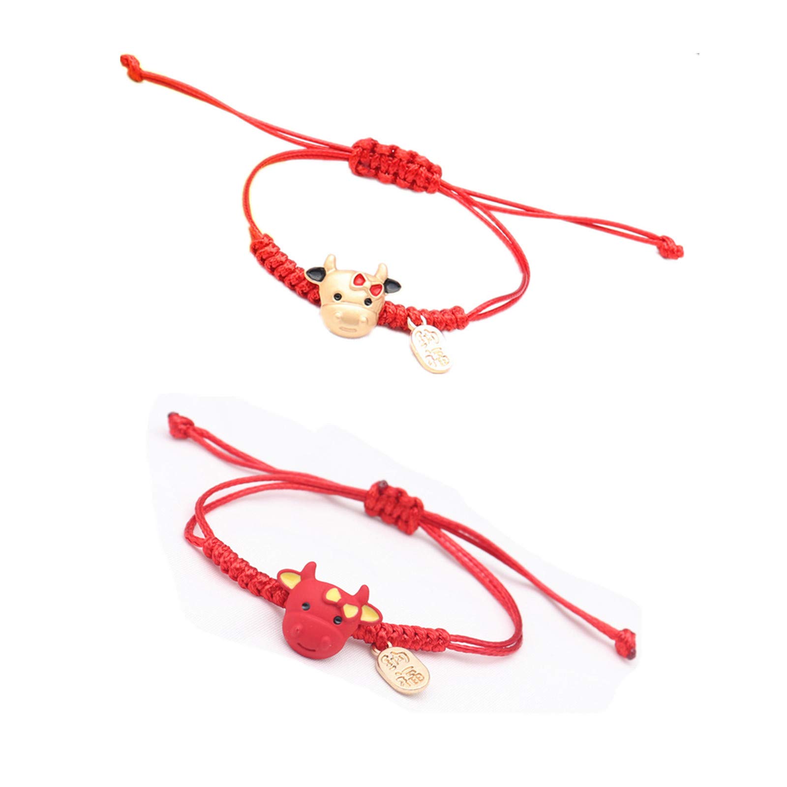 2 Pcs Red Chinese Zodiac Bracelet - Adjustable Fortune Cow Charm Bracelet with Red Knot String for Protection & Luck - Traditional Year of Ox Jewelry for New Year Gifts, Birthday & Festival Celebrations