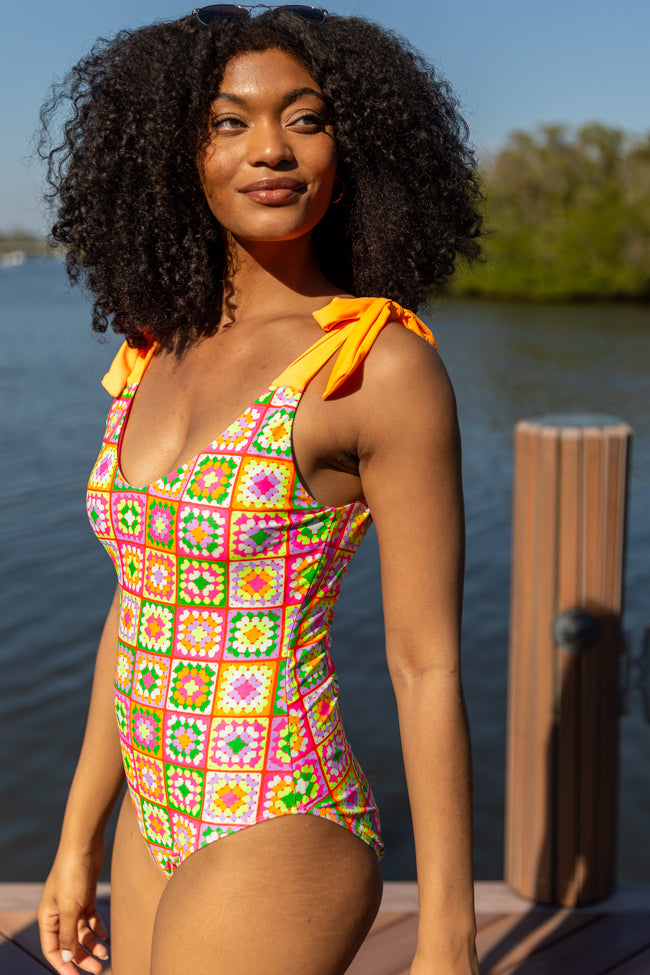 Sweet Life Multi Tie Strap Crochet Print One Piece Swimsuit - Women's Stylish Bathing Suit for Beach, Pool & Vacation | Trendy Summer Swimwear Sale